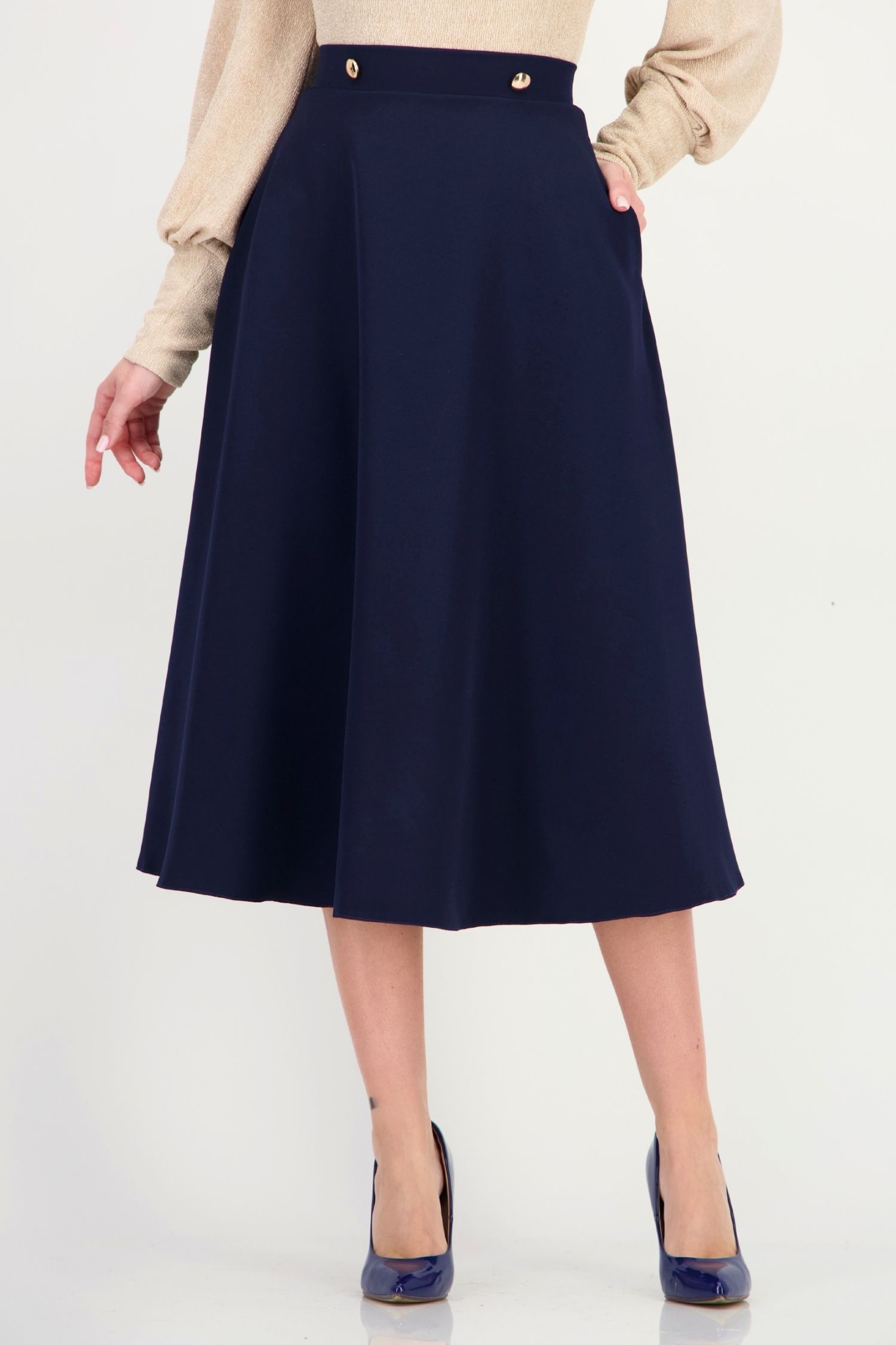 Fusta bleumarin din stofa elastica midi clos 3 - StarShinerS.ro