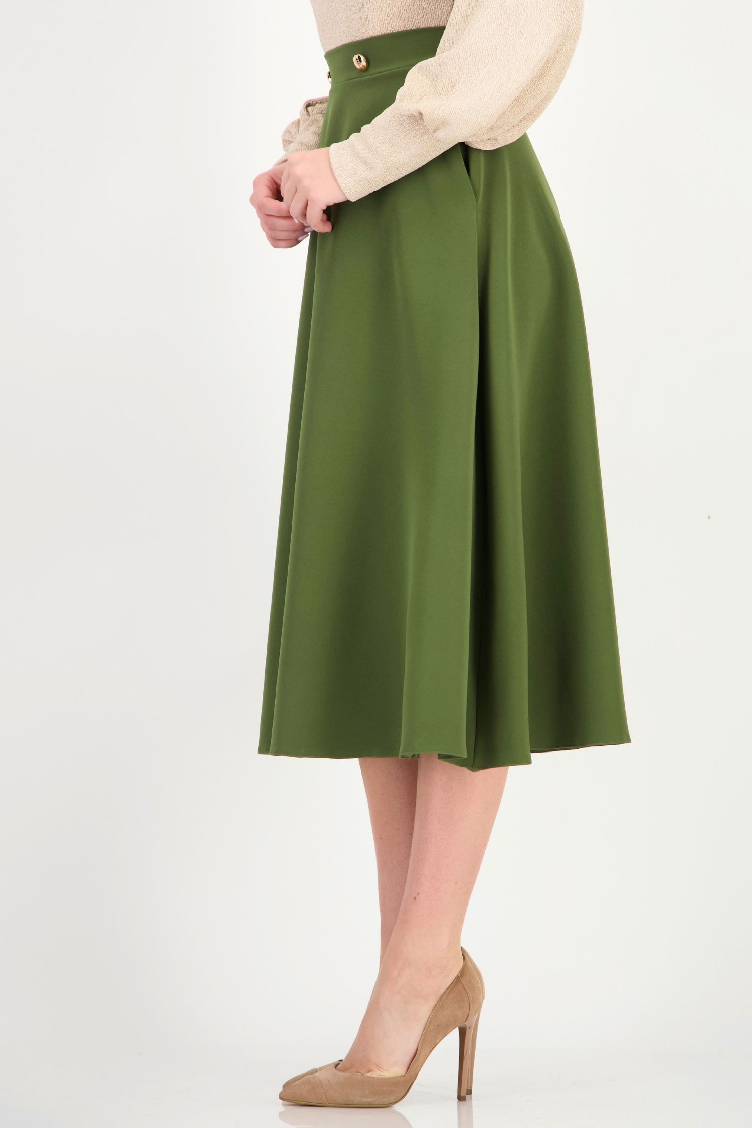 Fusta kaki buzunare laterale din stofa elastica midi clos 4 - StarShinerS.ro