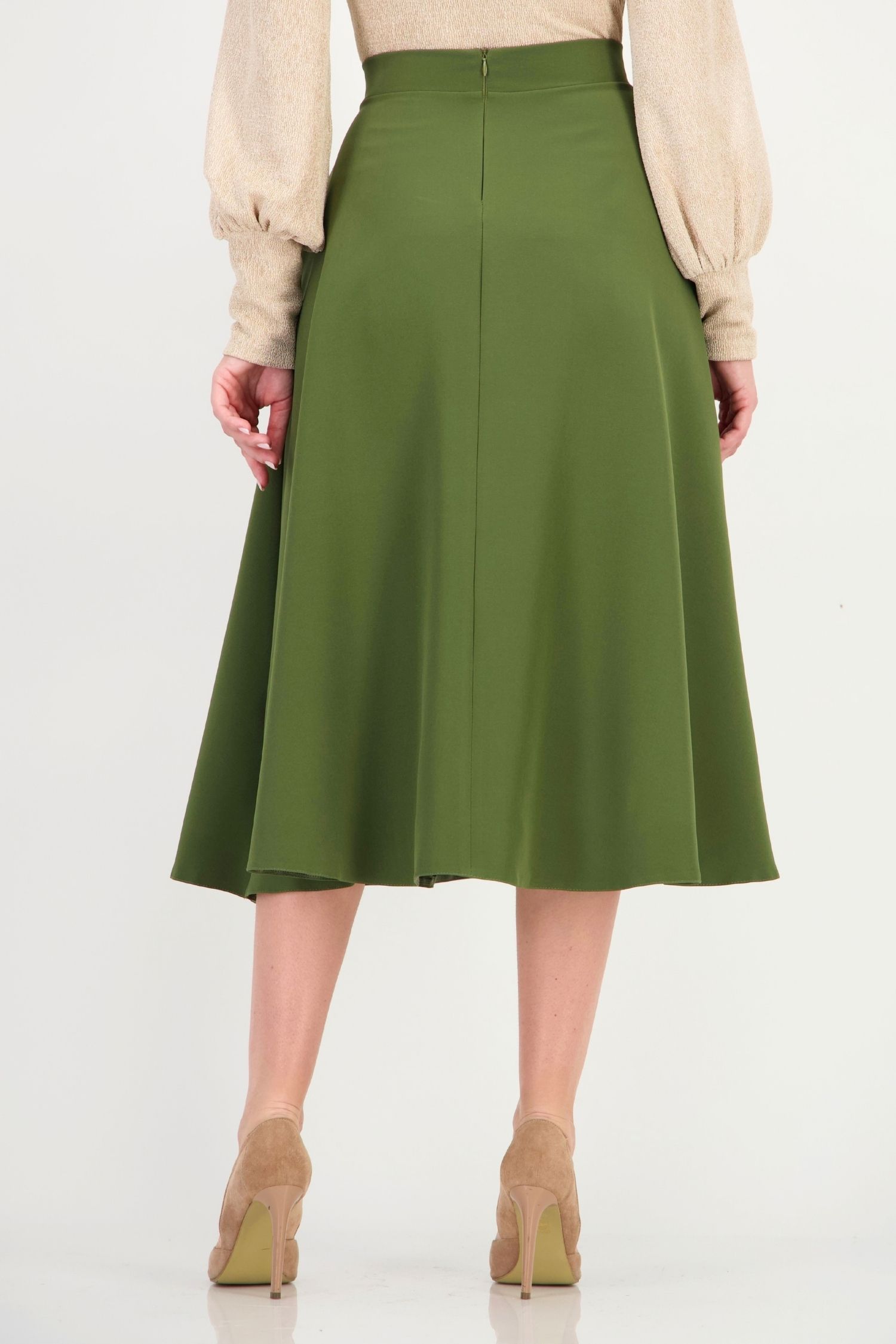 Fusta kaki buzunare laterale din stofa elastica midi clos 5 - StarShinerS.ro