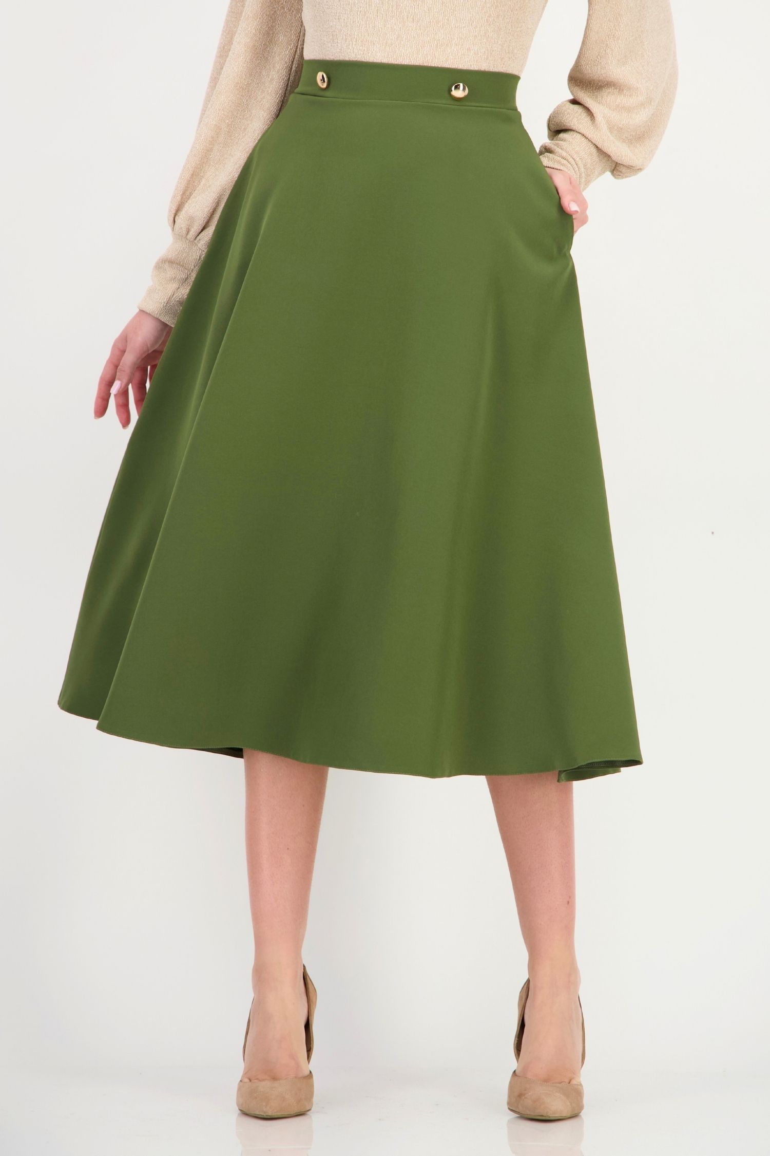 Fusta kaki buzunare laterale din stofa elastica midi clos 3 - StarShinerS.ro
