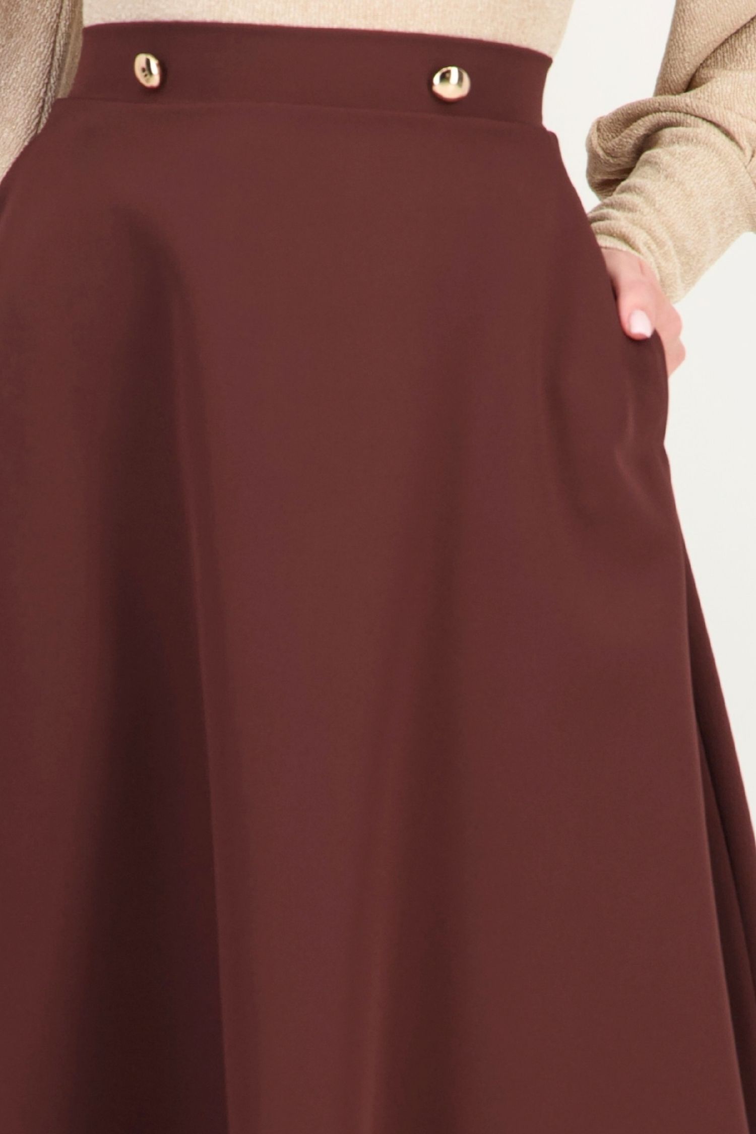 Fusta maro buzunare laterale din stofa elastica midi clos 5 - StarShinerS.ro