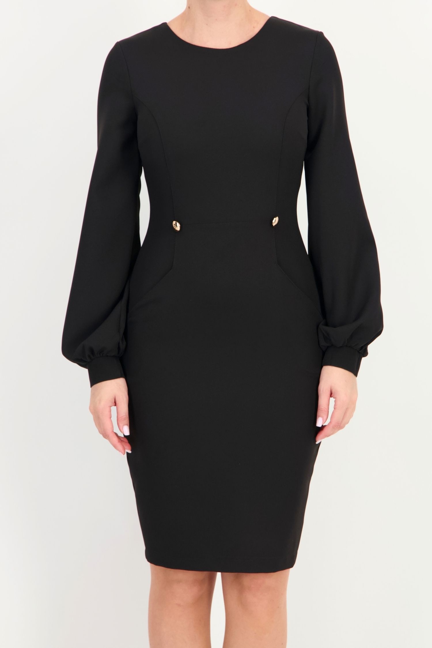Rochie neagra din stofa elastica pana la genunchi tip creion 4 - StarShinerS.ro