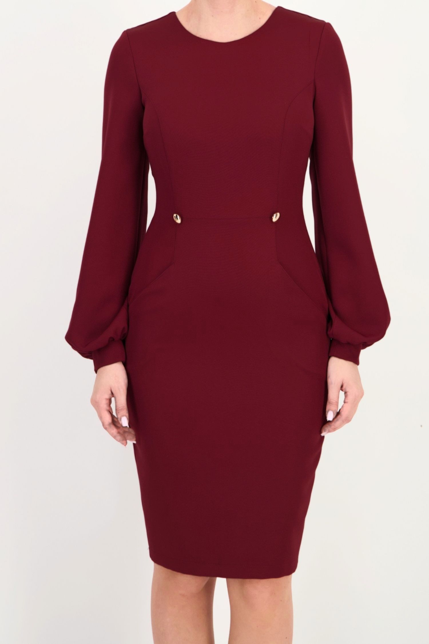 Rochie visiniu din stofa elastica pana la genunchi 4 - StarShinerS.ro