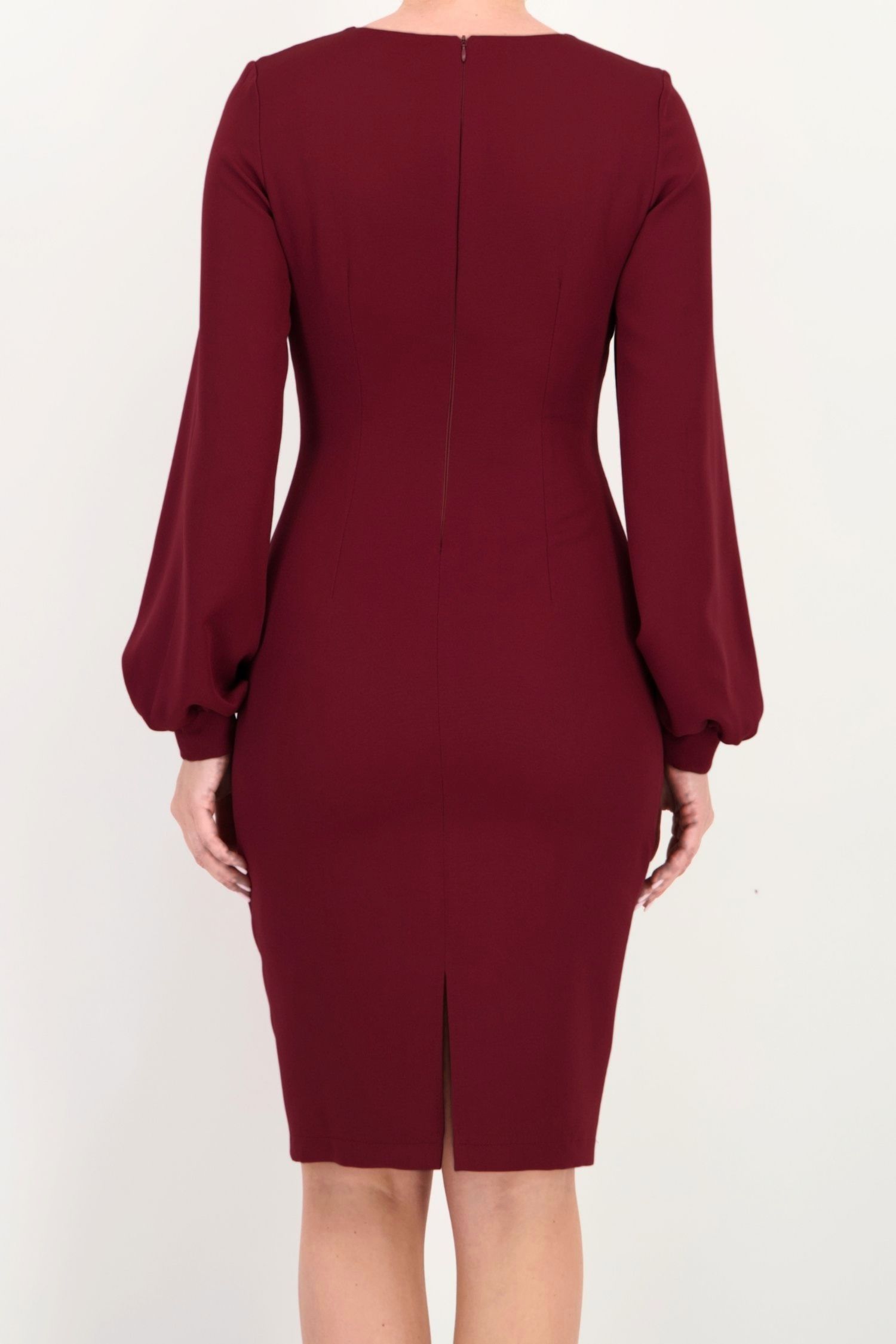 Rochie visiniu din stofa elastica pana la genunchi 5 - StarShinerS.ro