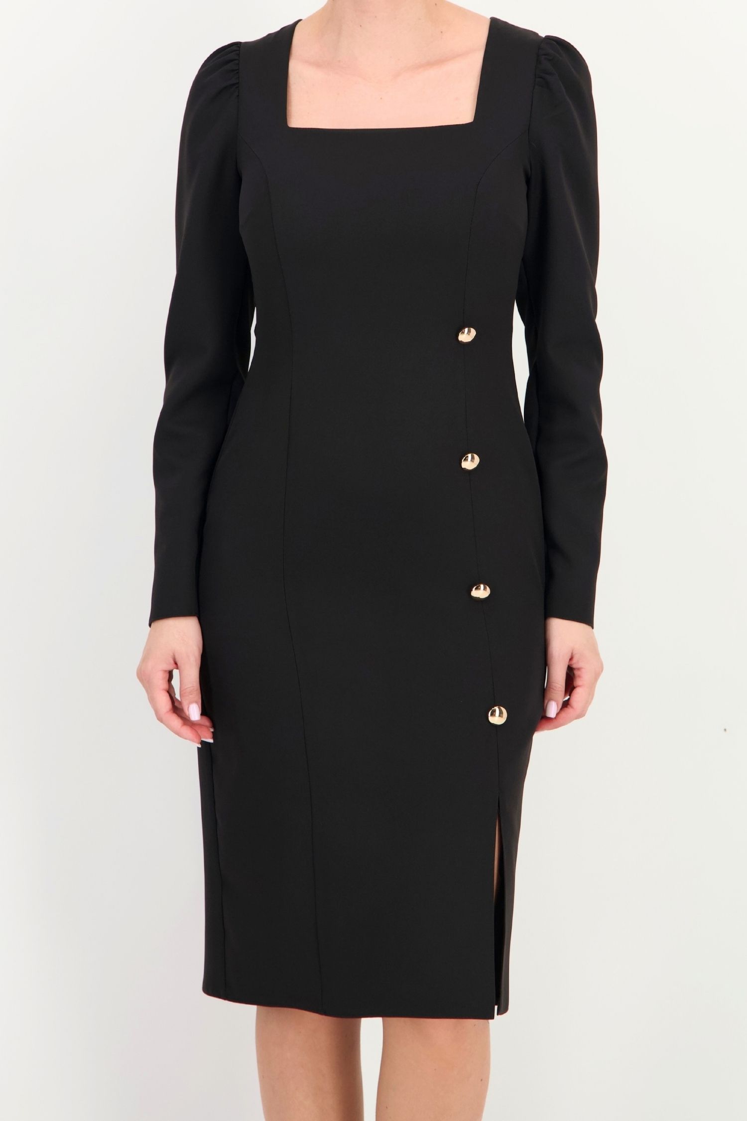 Rochie neagra din stofa elastica midi tip creion 4 - StarShinerS.ro