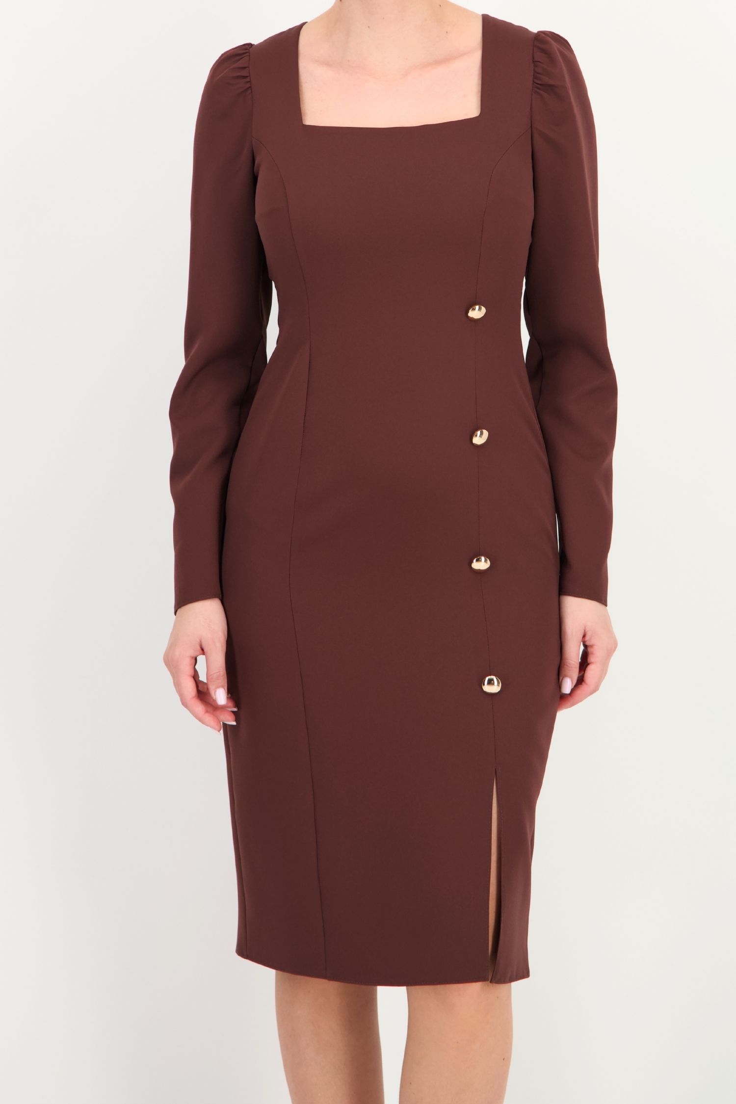 Rochie maro maneca lunga din stofa elastica midi croi drept 4 - StarShinerS.ro