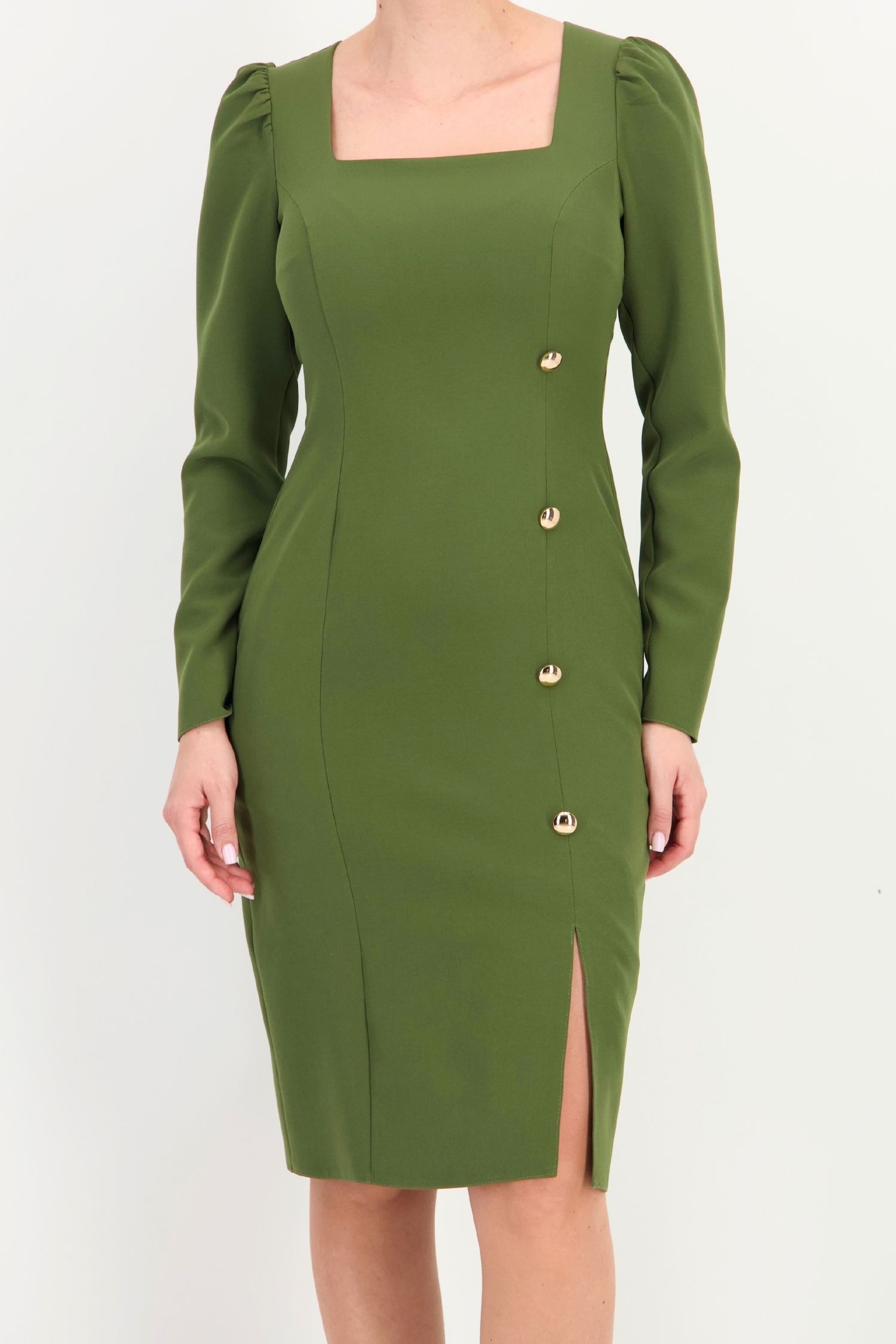 Rochie kaki maneca lunga din stofa elastica midi croi drept 3 - StarShinerS.ro
