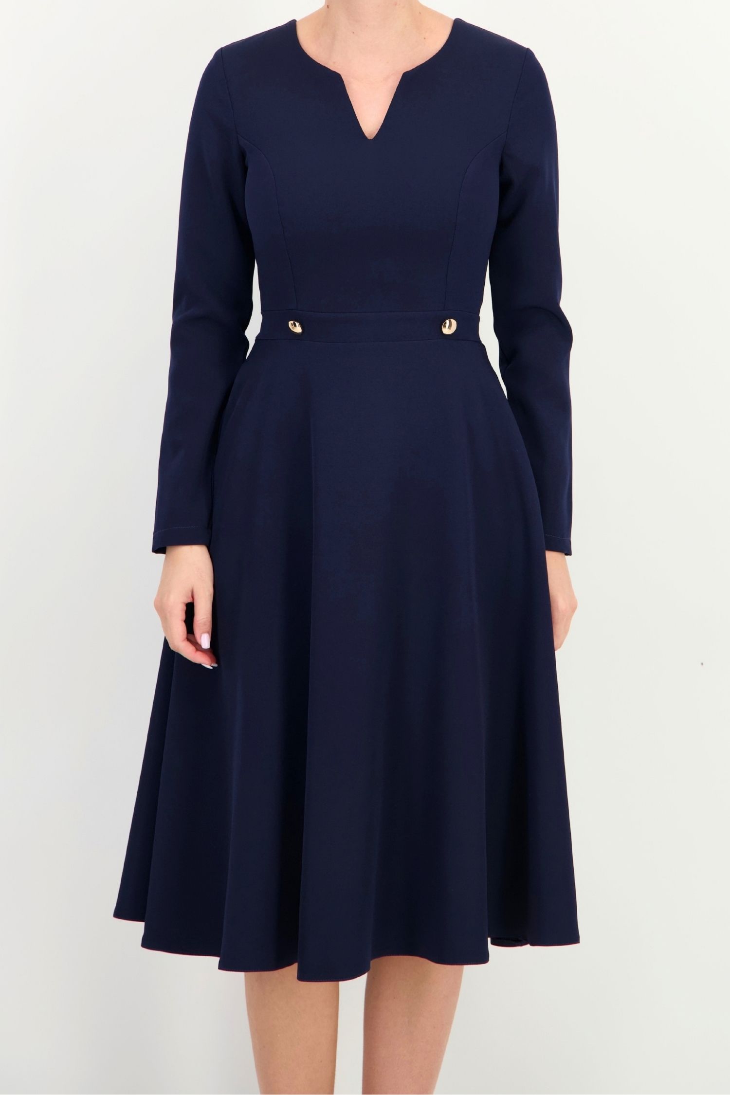 Rochie bleumarin maneca lunga din stofa elastica midi clos 4 - StarShinerS.ro