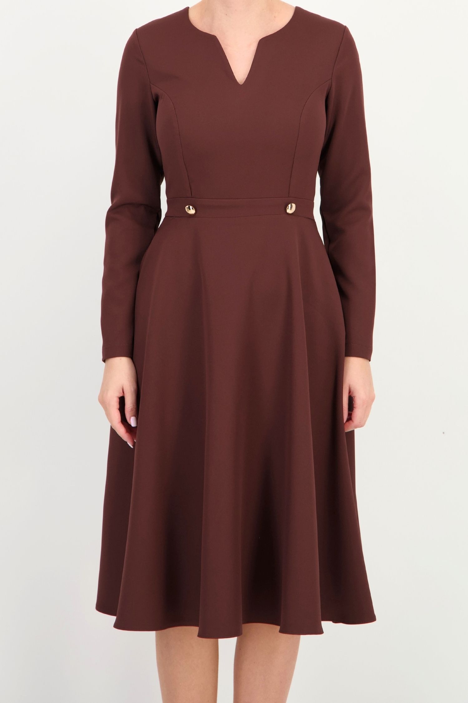 Rochie maro maneca lunga din stofa elastica midi clos 4 - StarShinerS.ro
