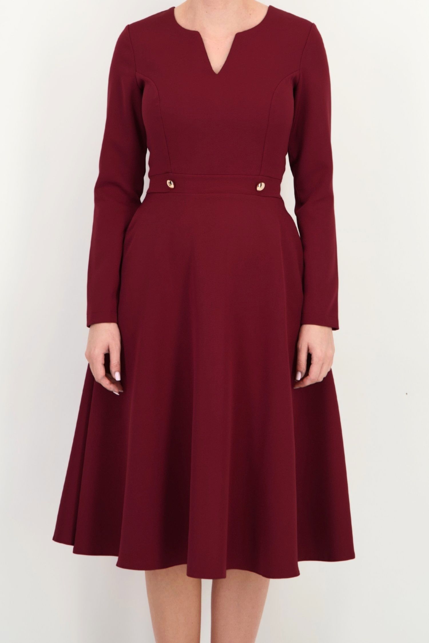 Rochie visiniu maneca lunga din stofa elastica midi clos 4 - StarShinerS.ro