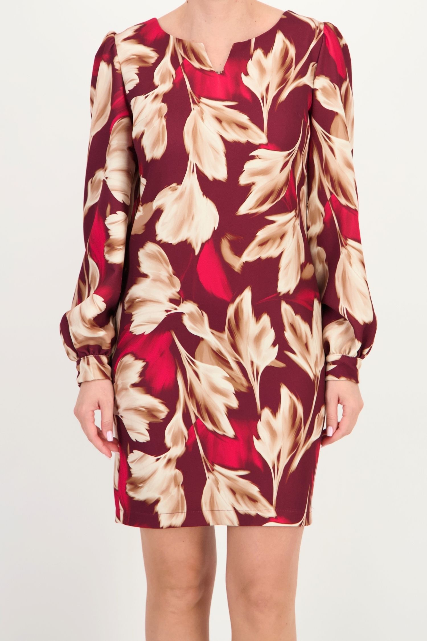 Rochie rosie inchis abstract din stofa elastica scurt drept 3 - StarShinerS.ro