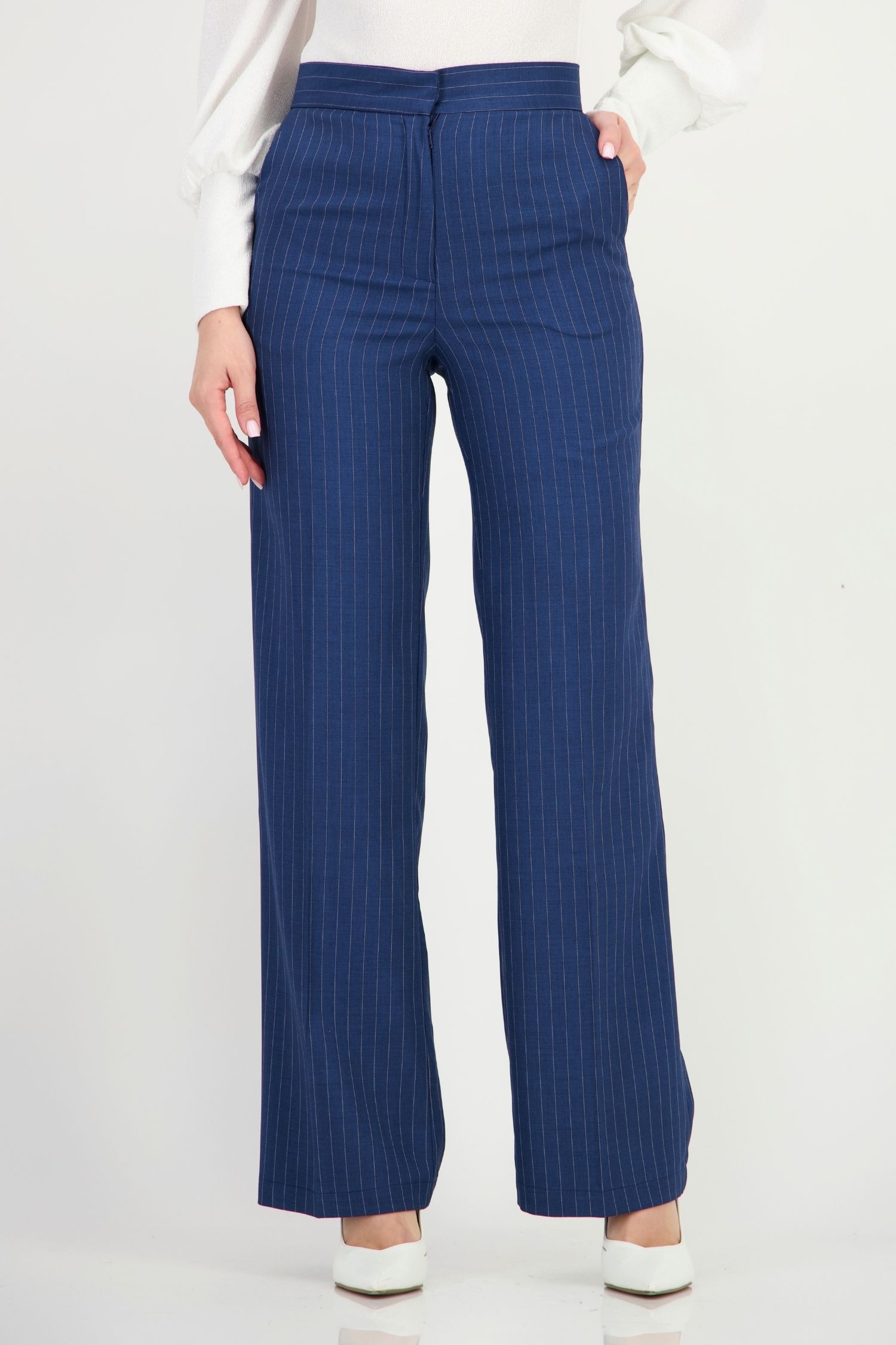 Pantaloni bleumarin dungi din stofa elastica lung drept 3 - StarShinerS.ro