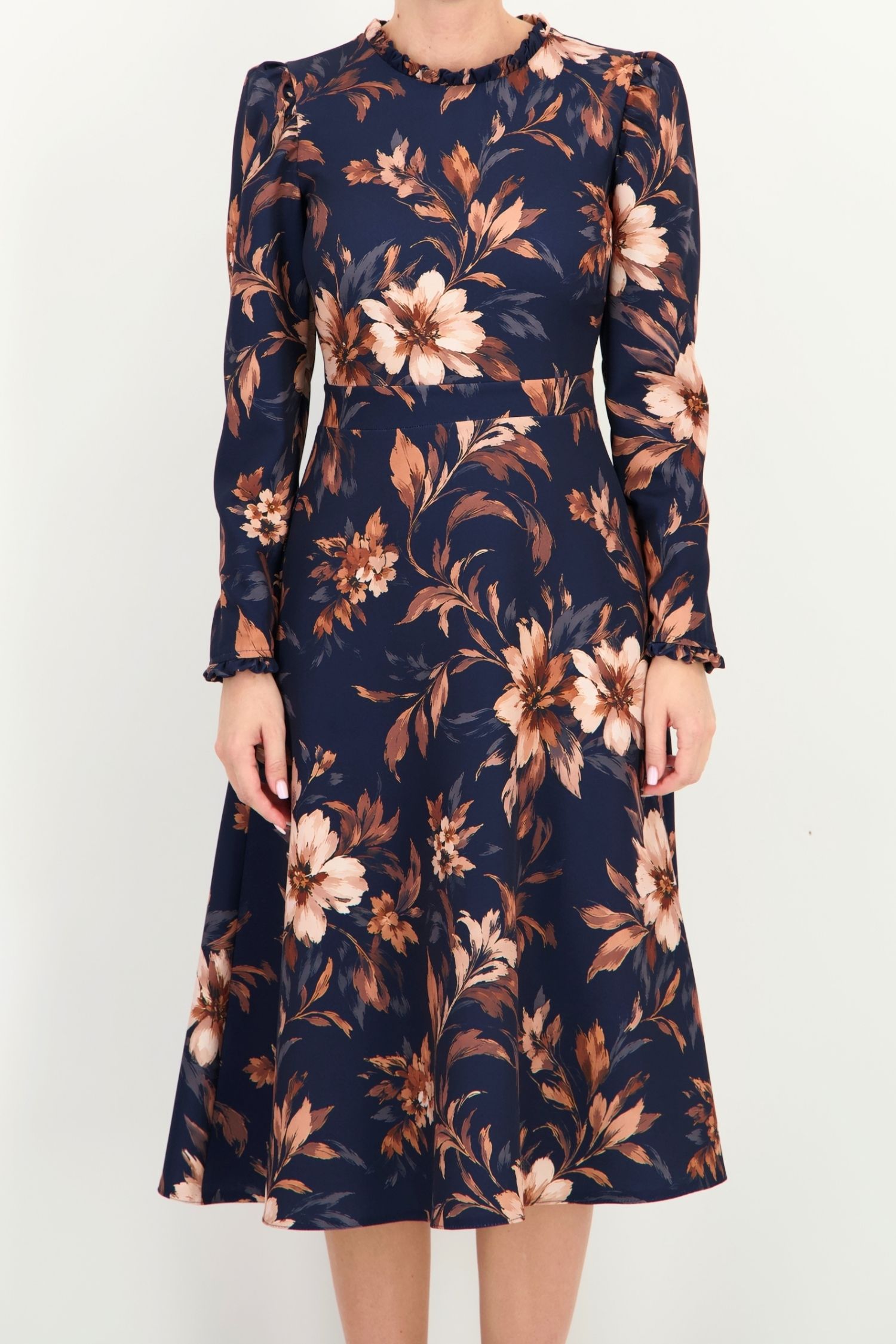 Rochie clos bleumarin midi floral din stofa elastica 4 - StarShinerS.ro