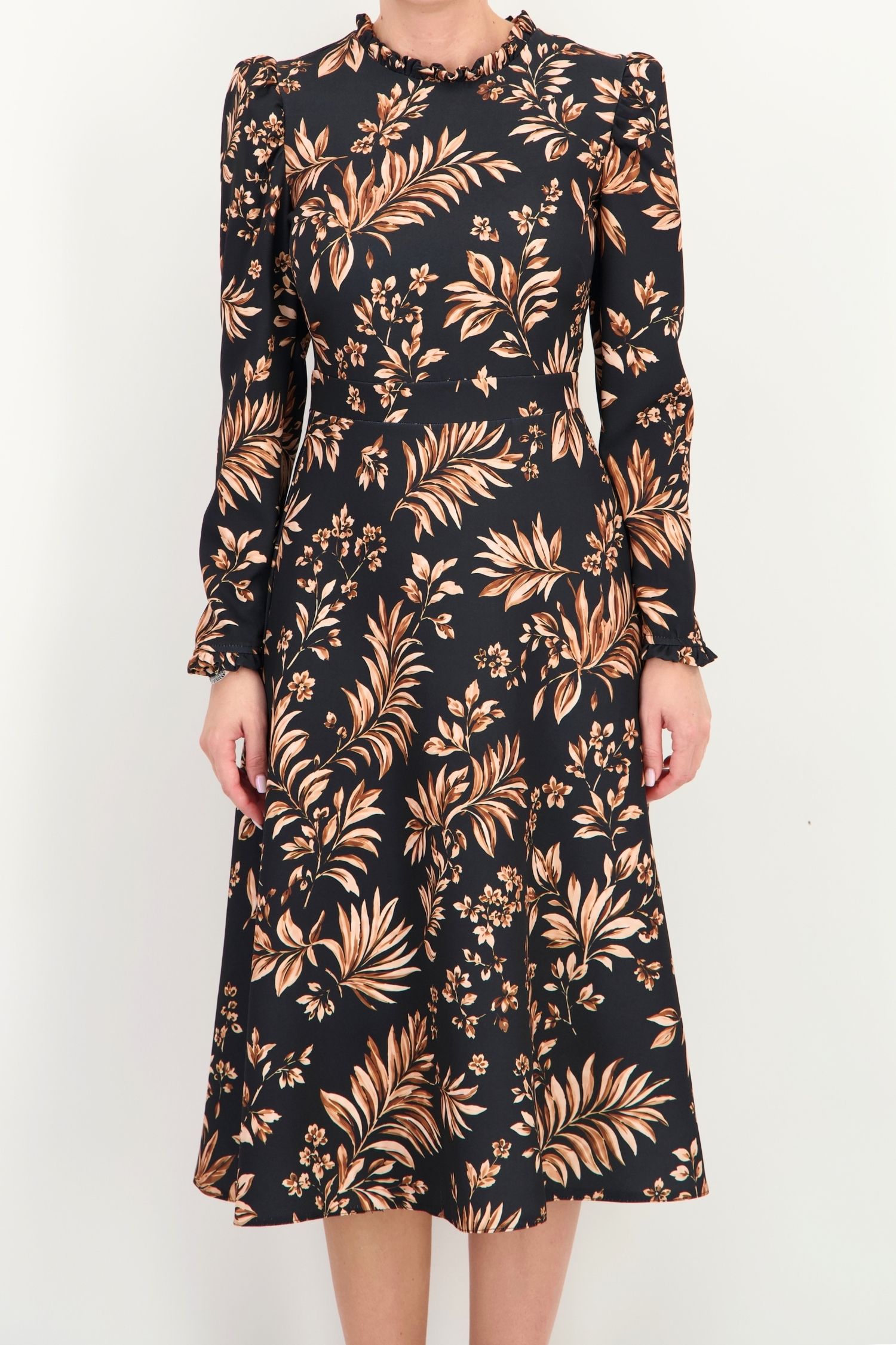 Rochie clos neagra midi floral din stofa elastica 3 - StarShinerS.ro