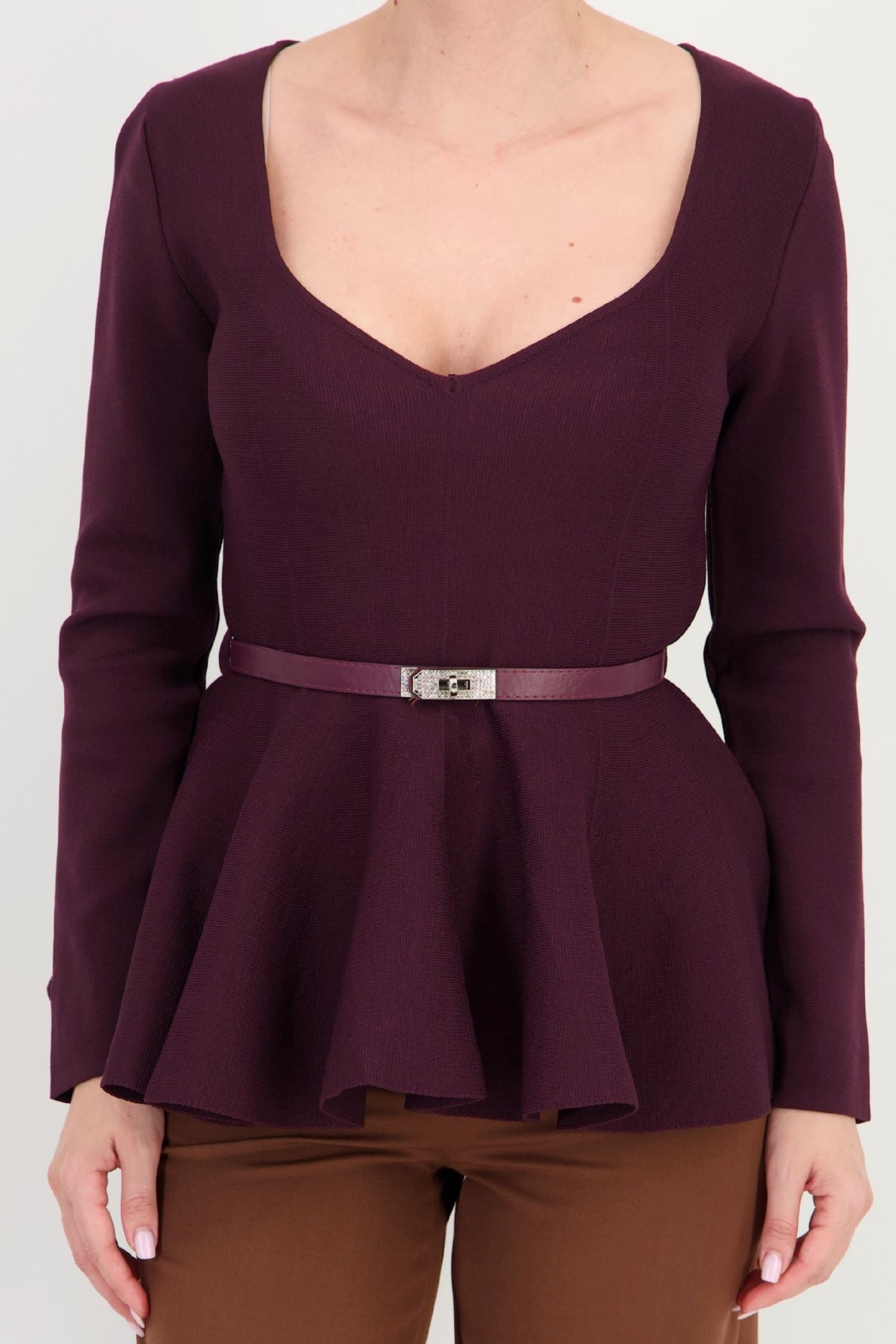 Bluză mov mulată din tricot fin, cu curea și peplum 4 - StarShinerS.ro