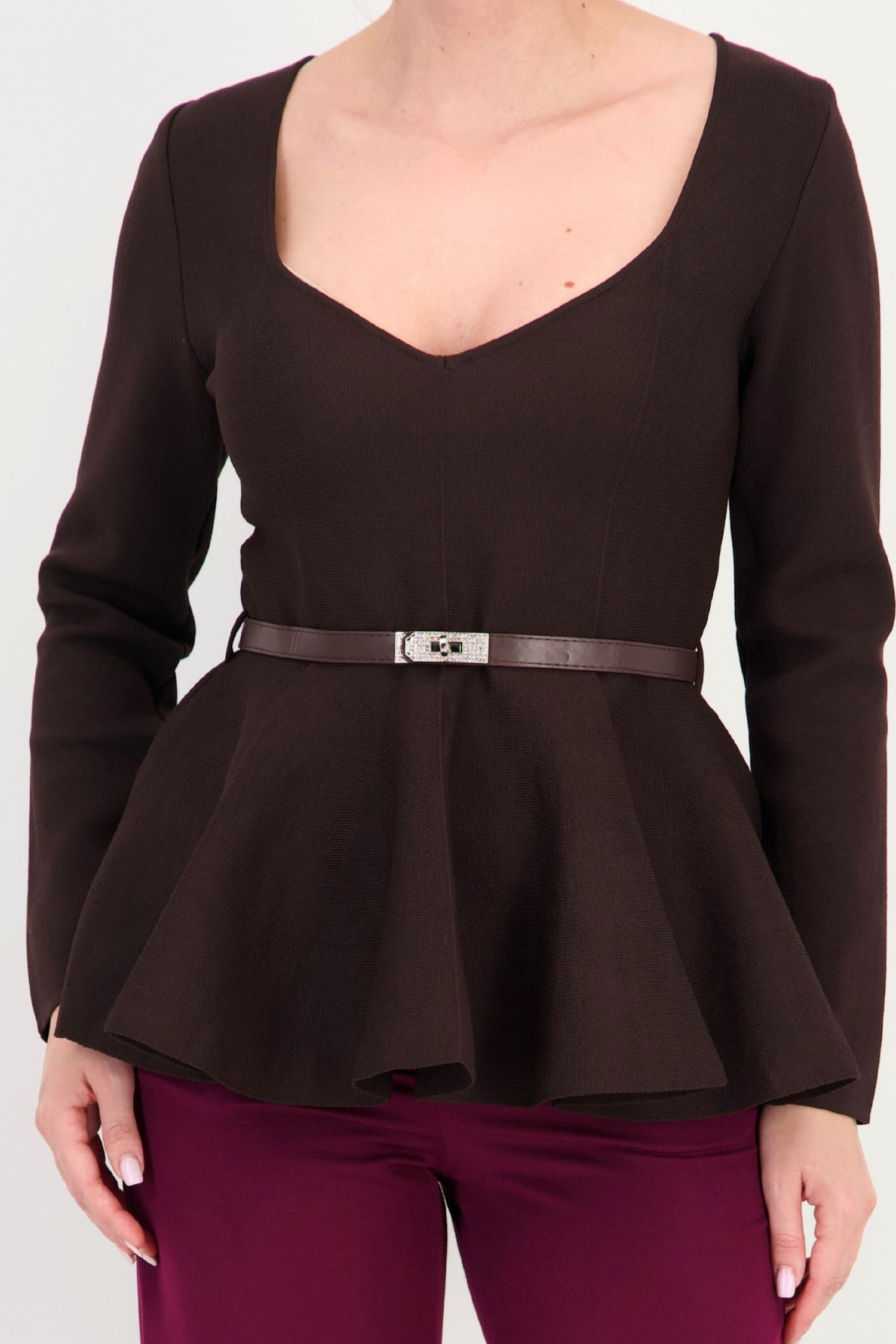 Bluză maro mulată din tricot fin, cu curea și peplum 4 - StarShinerS.ro