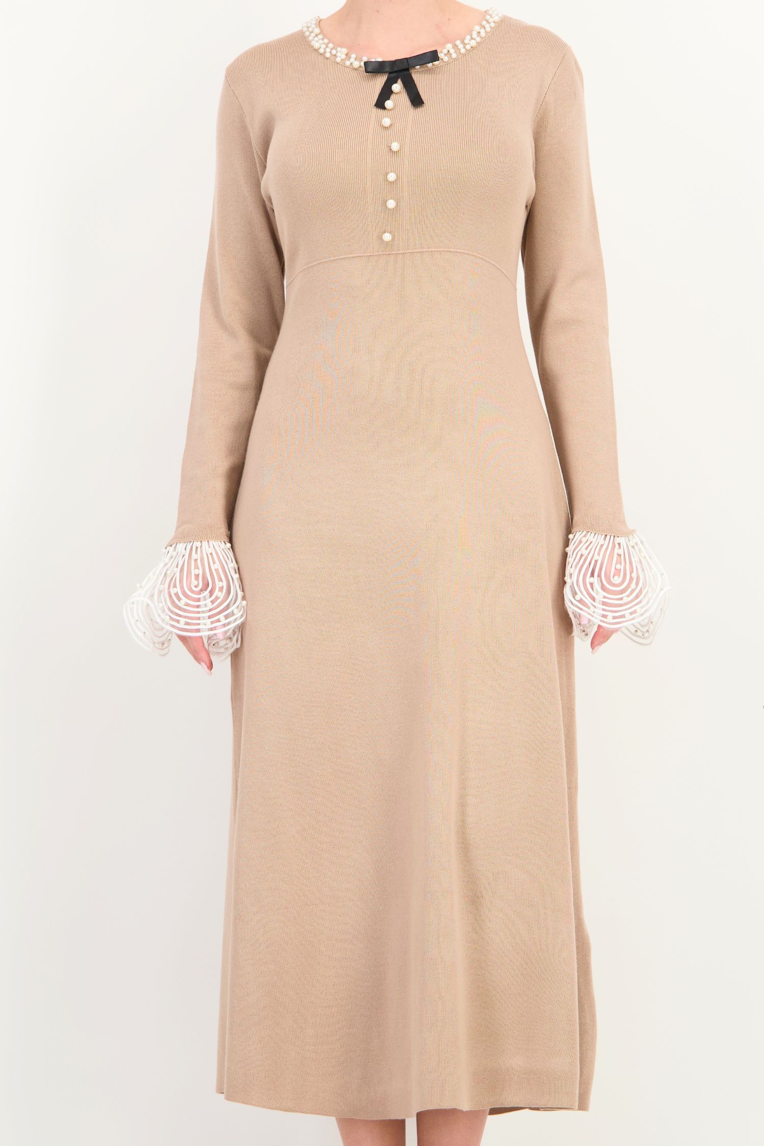 Rochie bej midi, cu croi în A, din tricot fin 4 - StarShinerS.ro