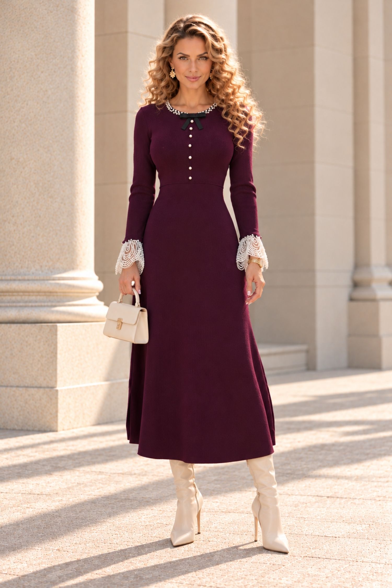 Rochie mov midi, cu croi în A, din tricot fin 2 - StarShinerS.ro
