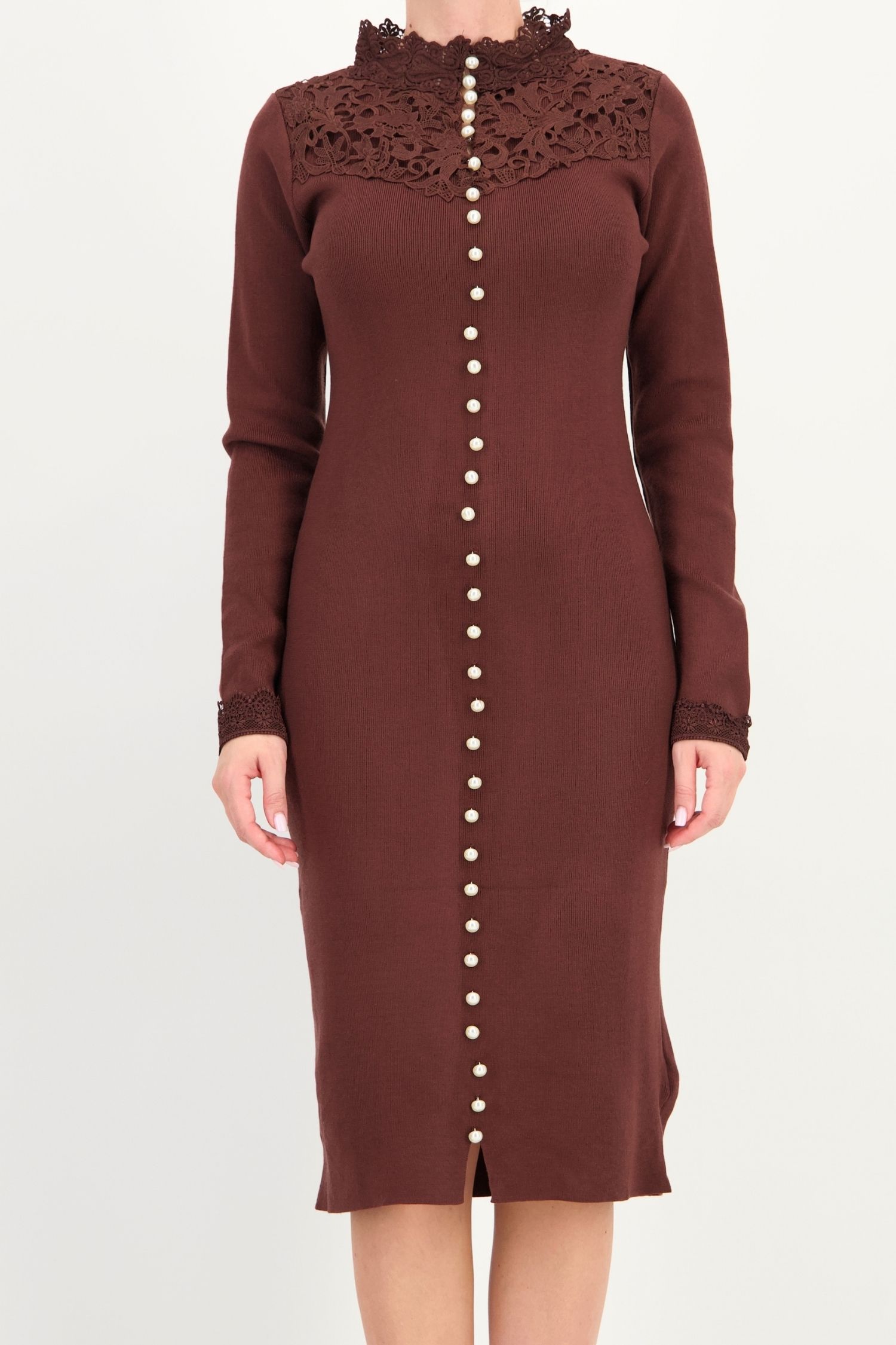 Rochie tip creion maro midi maneca lunga din viscoza 4 - StarShinerS.ro