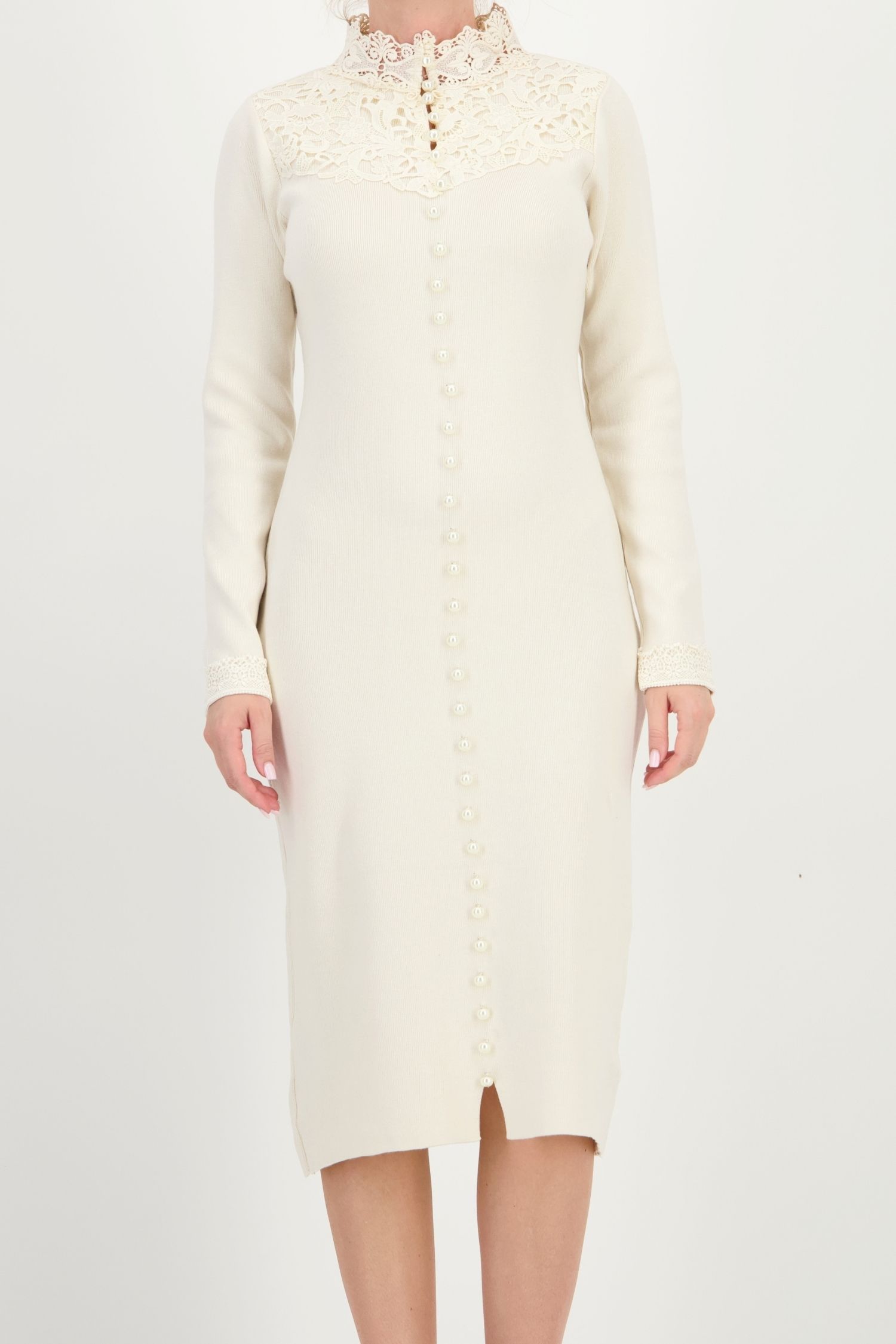Rochie tip creion bej midi maneca lunga din viscoza 4 - StarShinerS.ro