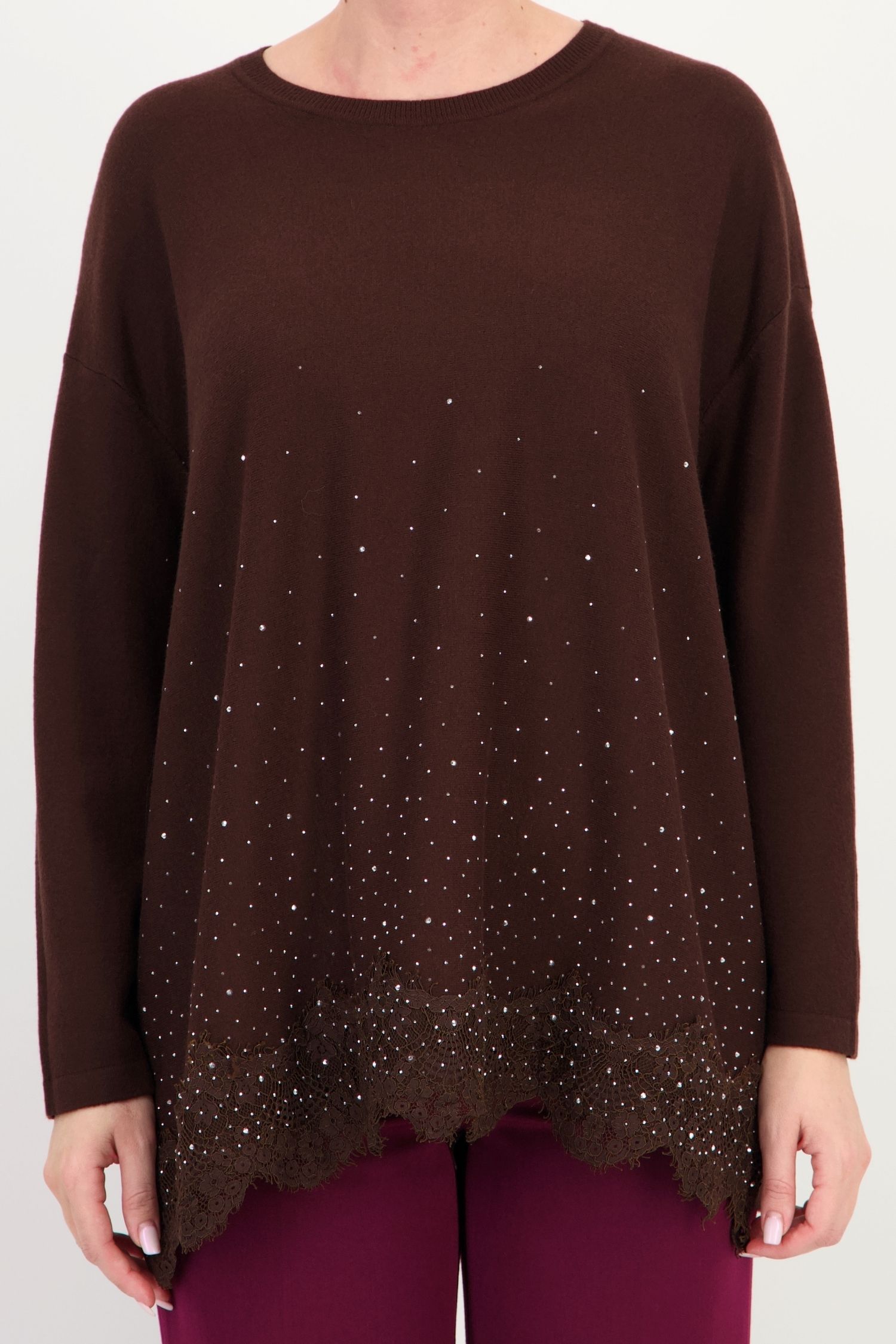 Bluză maro largă din tricot cu modal, cu pietre strass 3 - StarShinerS.ro