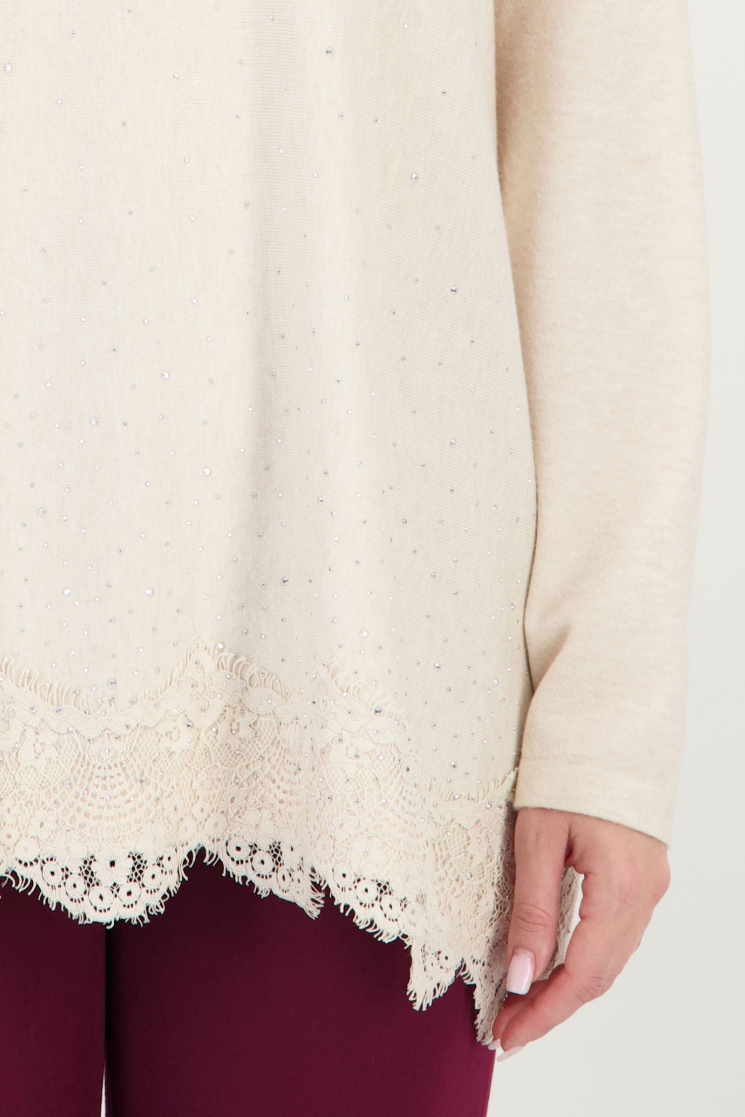 Bluză bej largă din tricot cu modal, cu pietre strass 3 - StarShinerS.ro