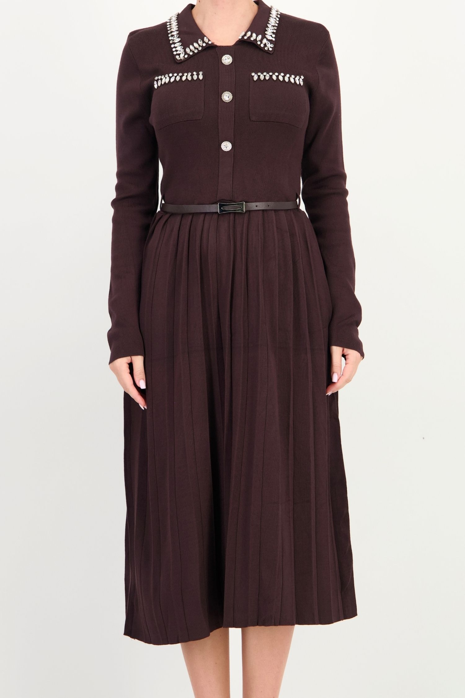 Rochie clos maro midi decolteu rotund din viscoza 4 - StarShinerS.ro