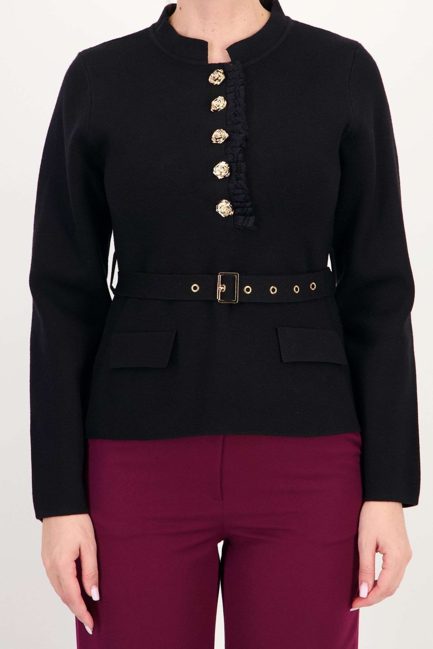 Pulover negru larg din tricot cu viscoză, cu cordon 3 - StarShinerS.ro