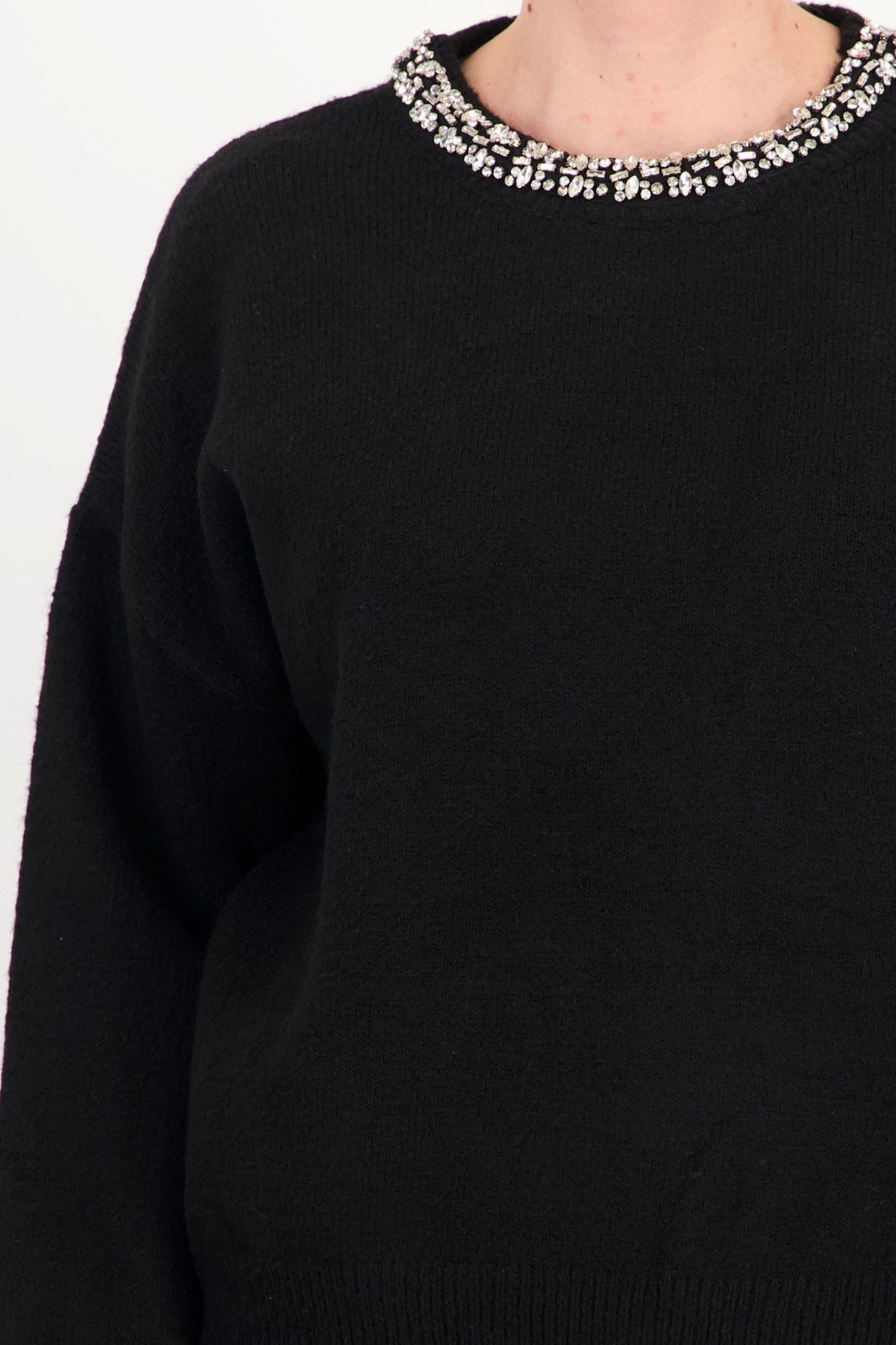 Pulover negru larg din tricot cu lână, cu pietre strass 5 - StarShinerS.ro