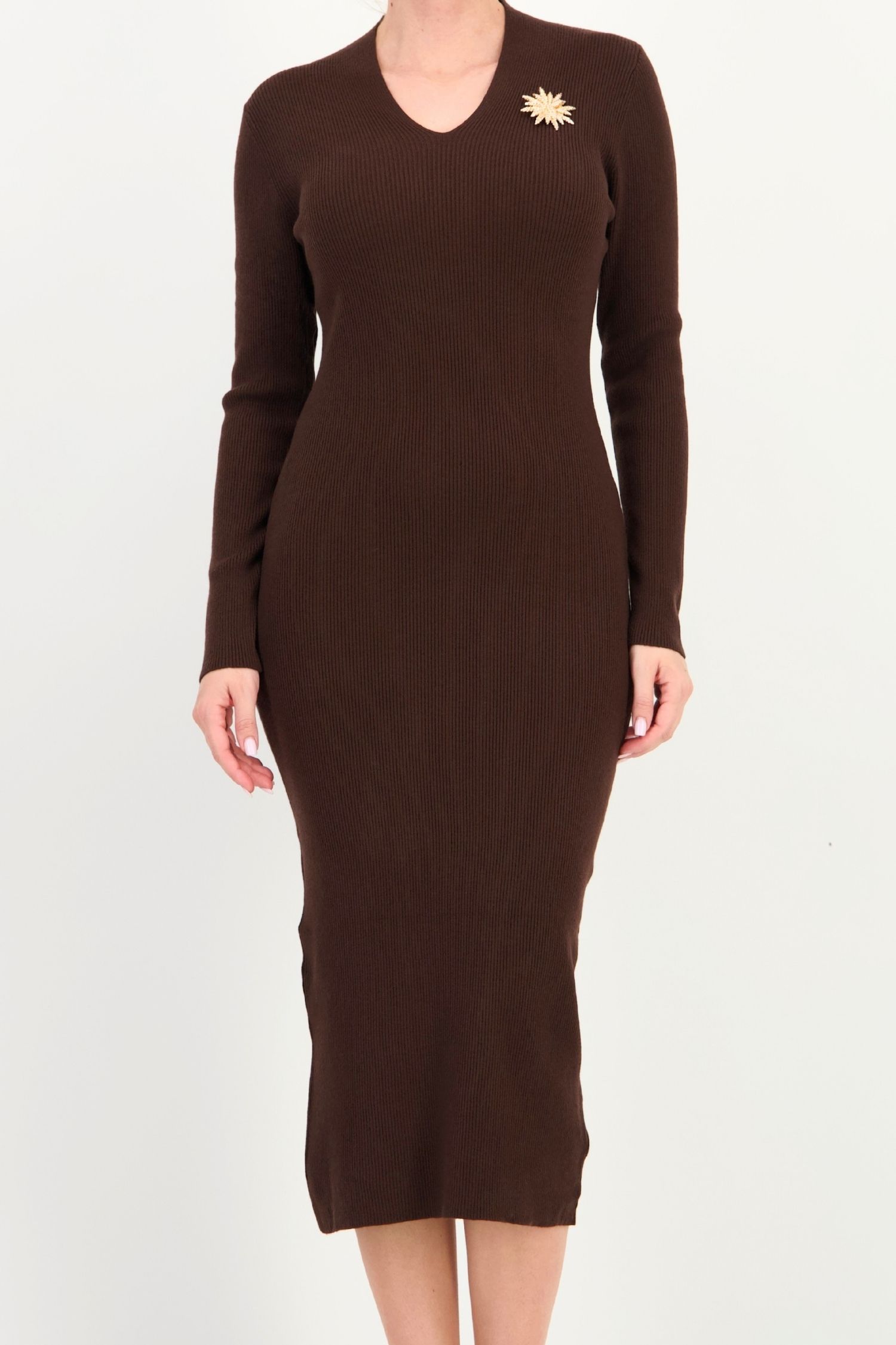 Rochie tip creion maro midi maneca lunga din tricot 3 - StarShinerS.ro