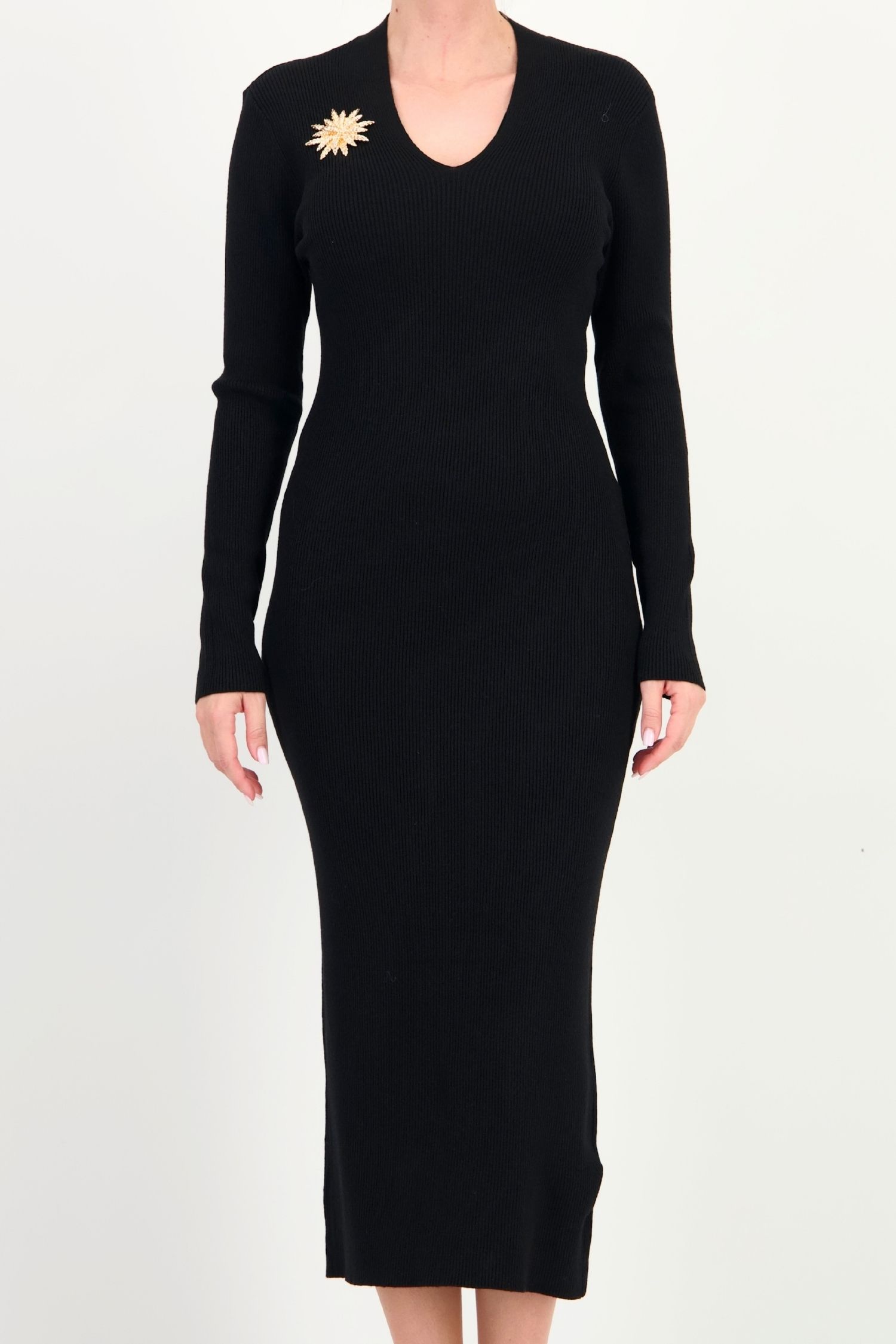 Rochie tip creion neagra midi maneca lunga din tricot 3 - StarShinerS.ro