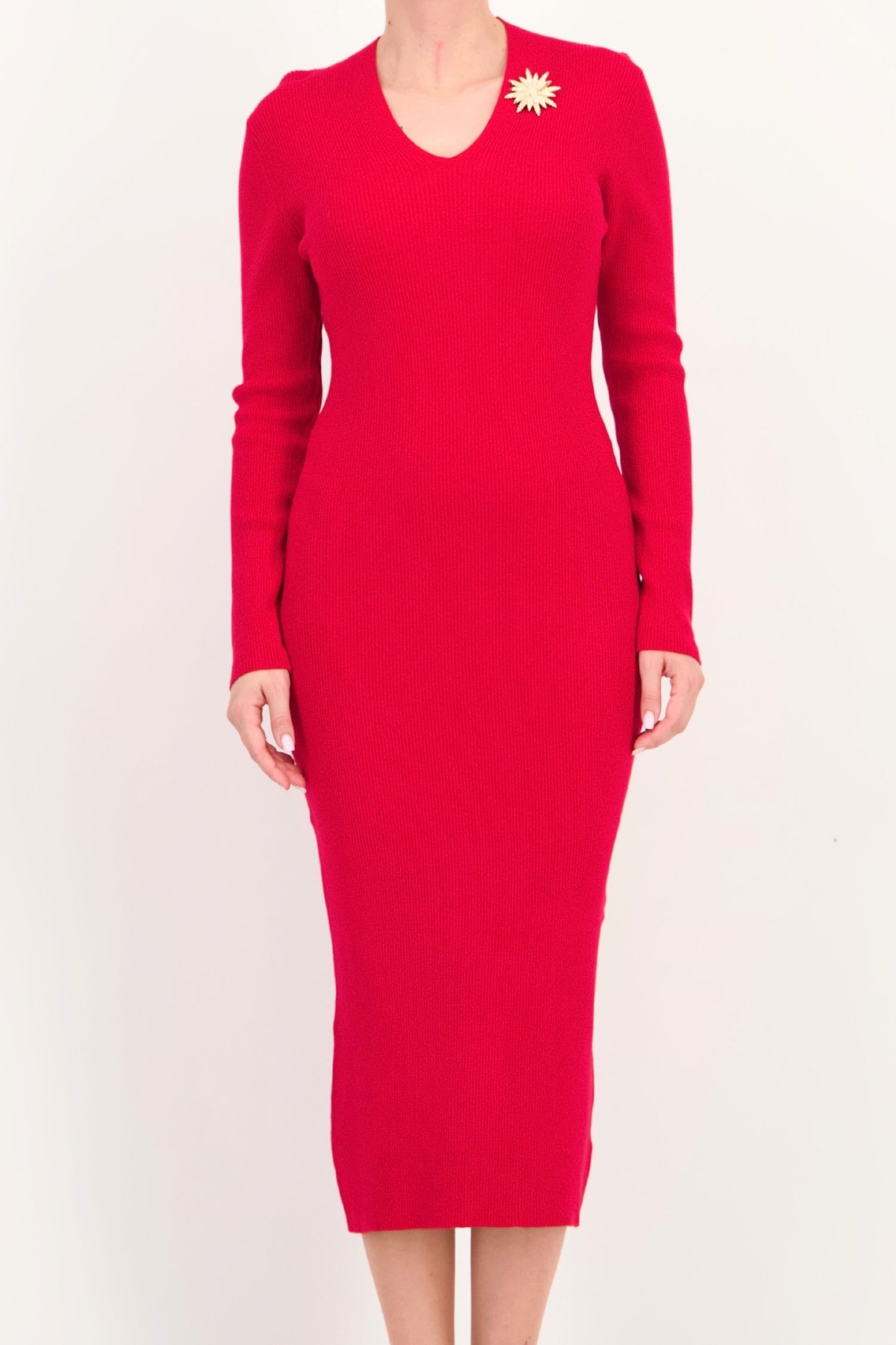 Rochie tip creion rosie midi maneca lunga din tricot 5 - StarShinerS.ro
