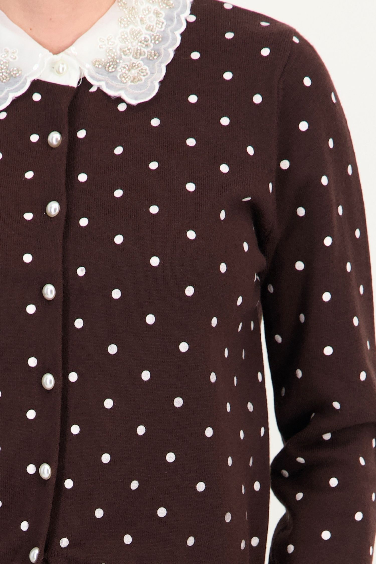 Cardigan maro larg din tricot, cu buline și perle 3 - StarShinerS.ro