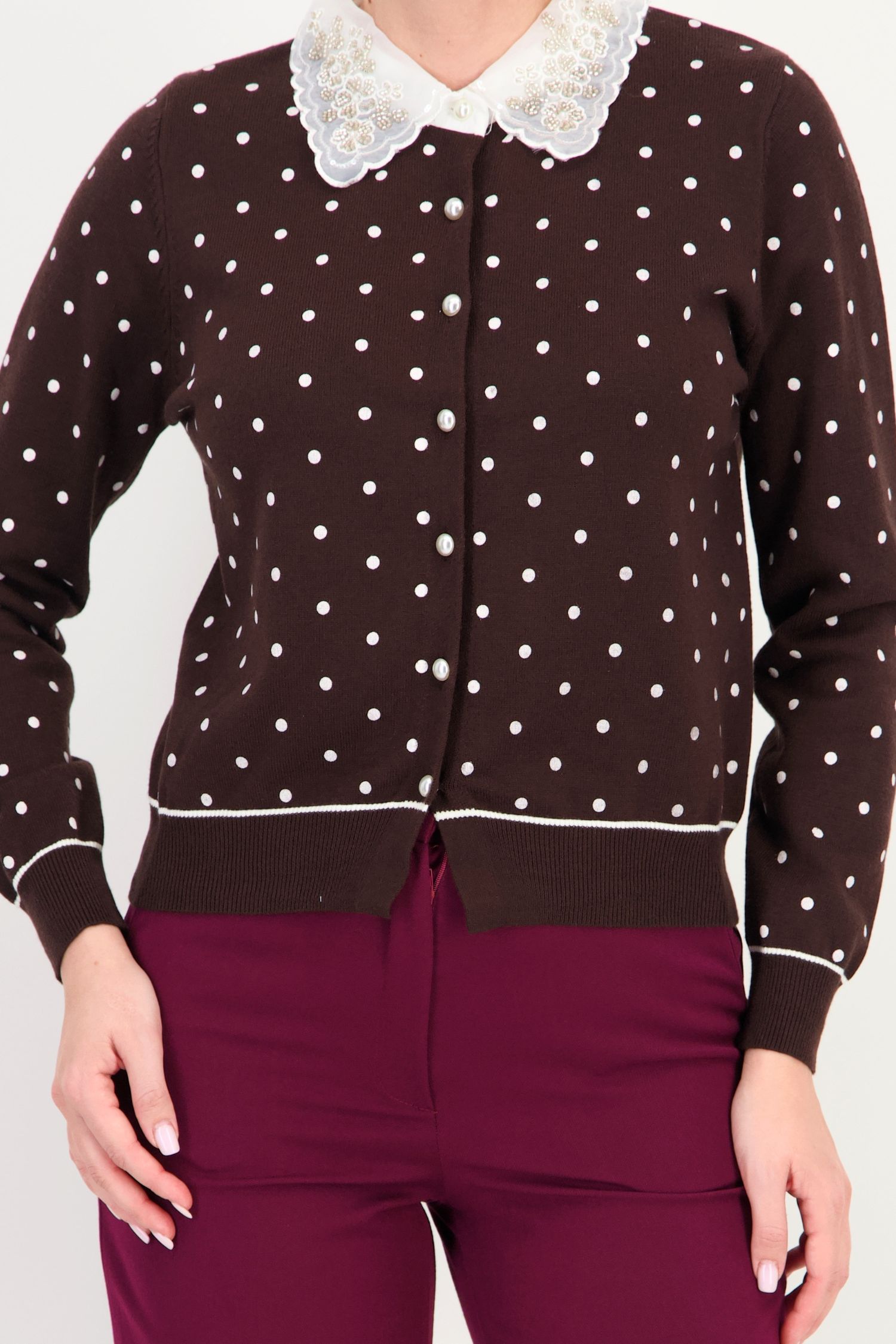Cardigan maro larg din tricot, cu buline și perle 4 - StarShinerS.ro
