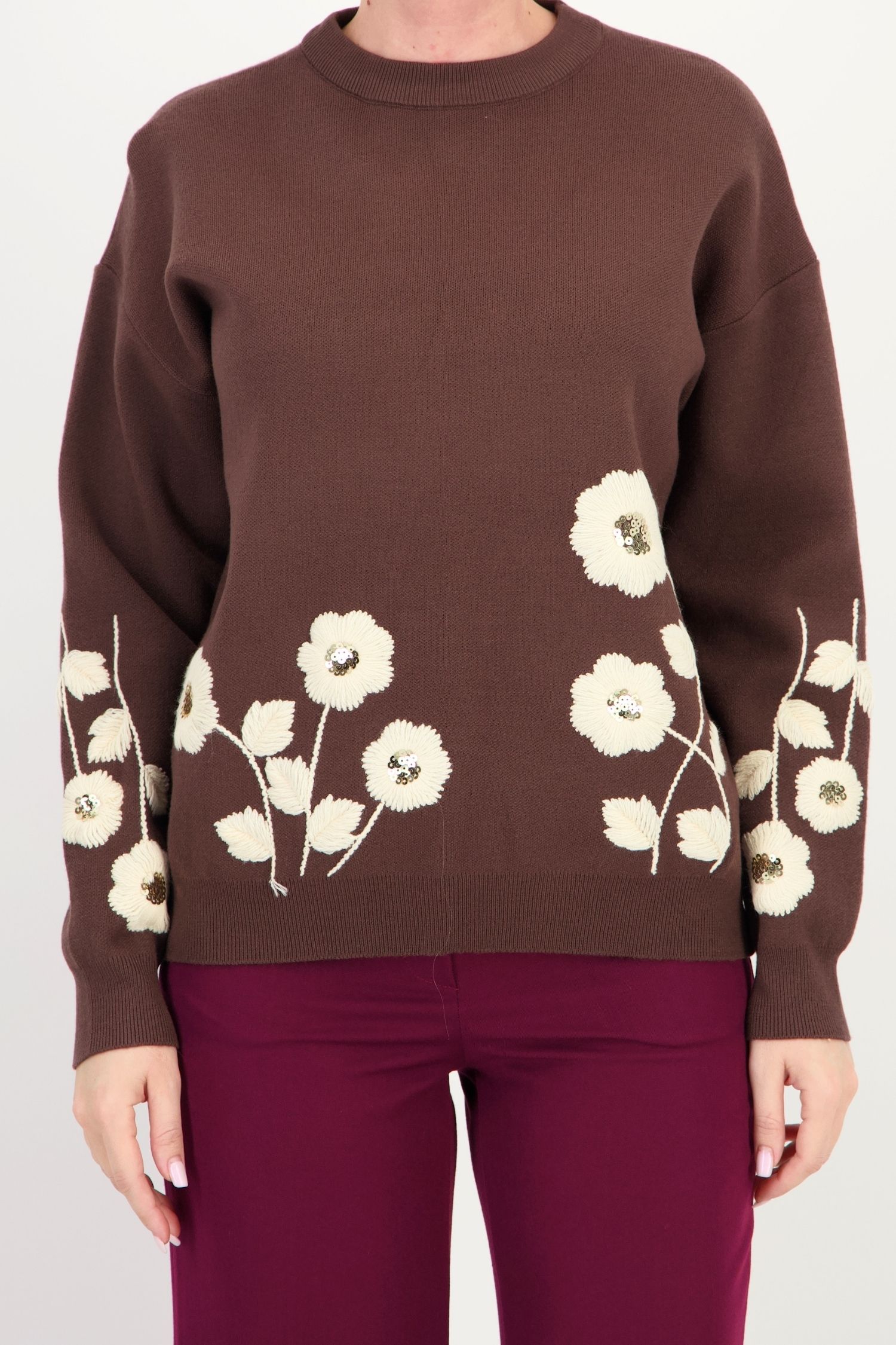 Pulover maro larg din tricot cu viscoză, cu model floral 3 - StarShinerS.ro