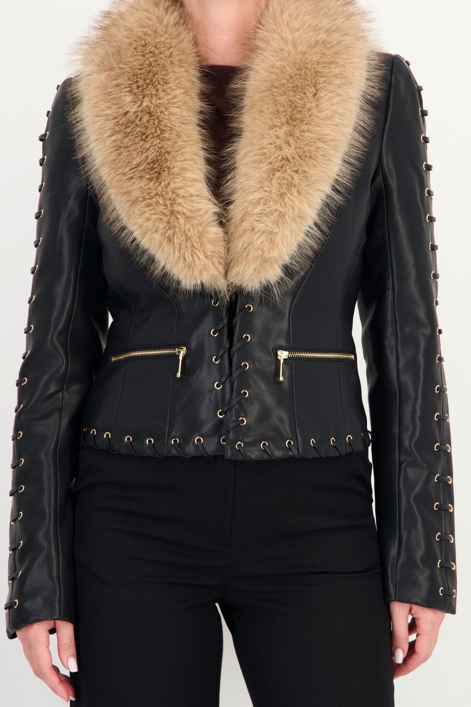 Geaca cambrata neagra scurta din piele ecologica 4 - StarShinerS.ro