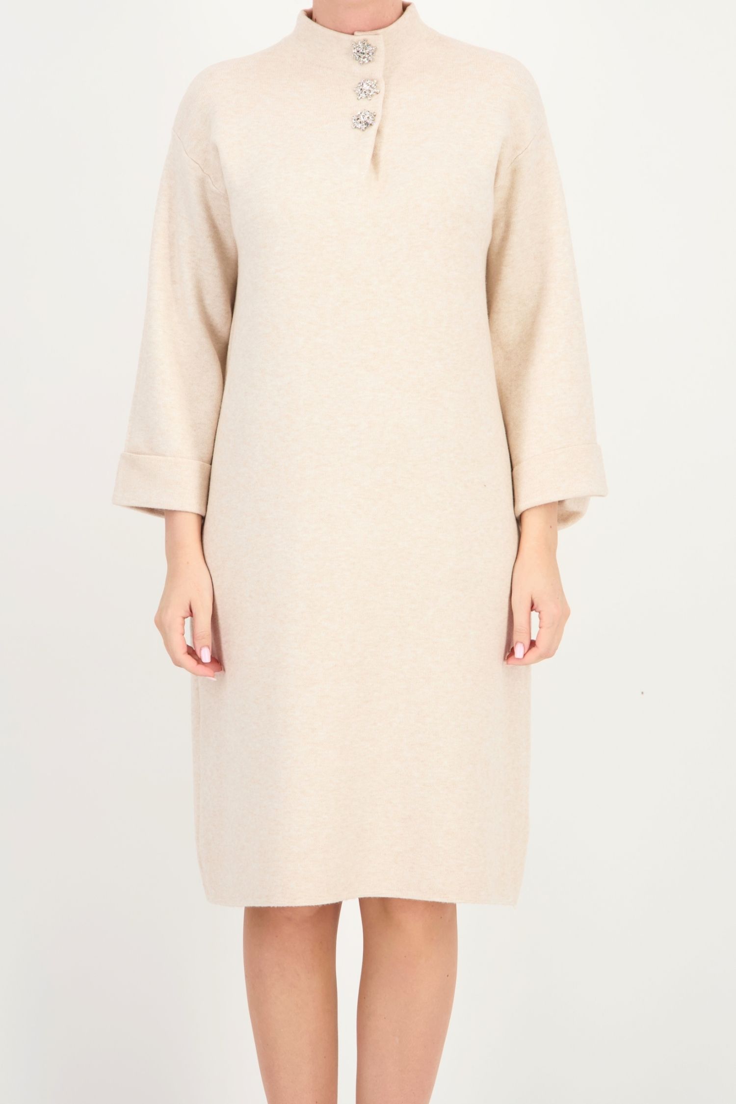 Rochie larga bej maneca 3/4 din tricot pana la genunchi 4 - StarShinerS.ro
