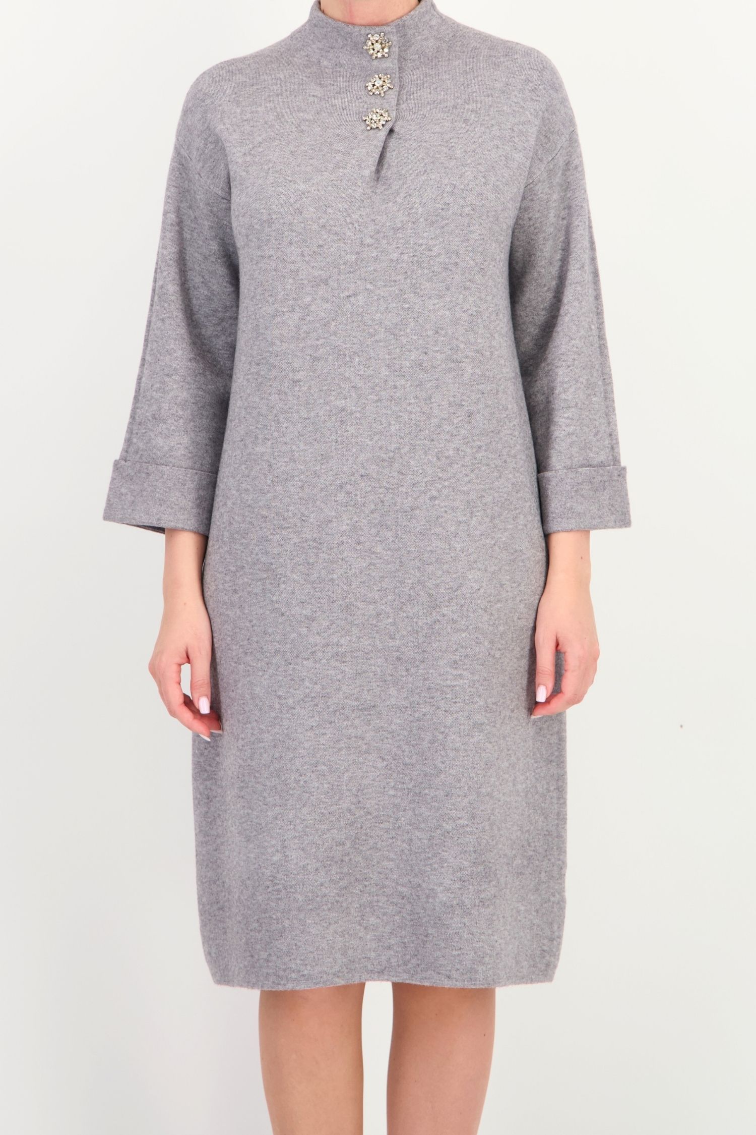 Rochie larga gri maneca 3/4 din tricot pana la genunchi 4 - StarShinerS.ro