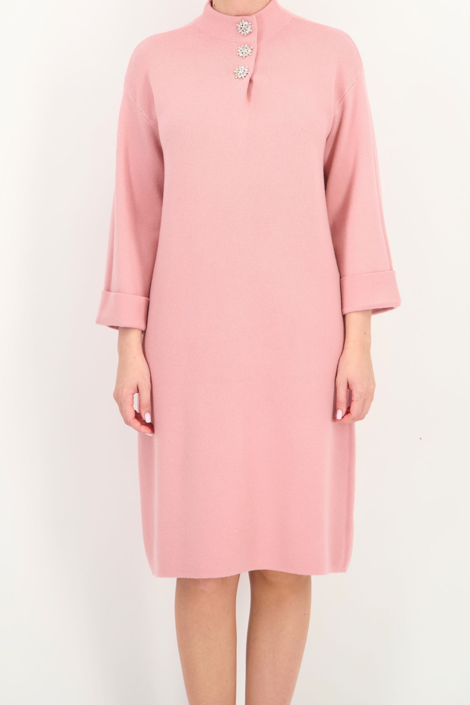 Rochie larga roz pudra din tricot pana la genunchi 4 - StarShinerS.ro