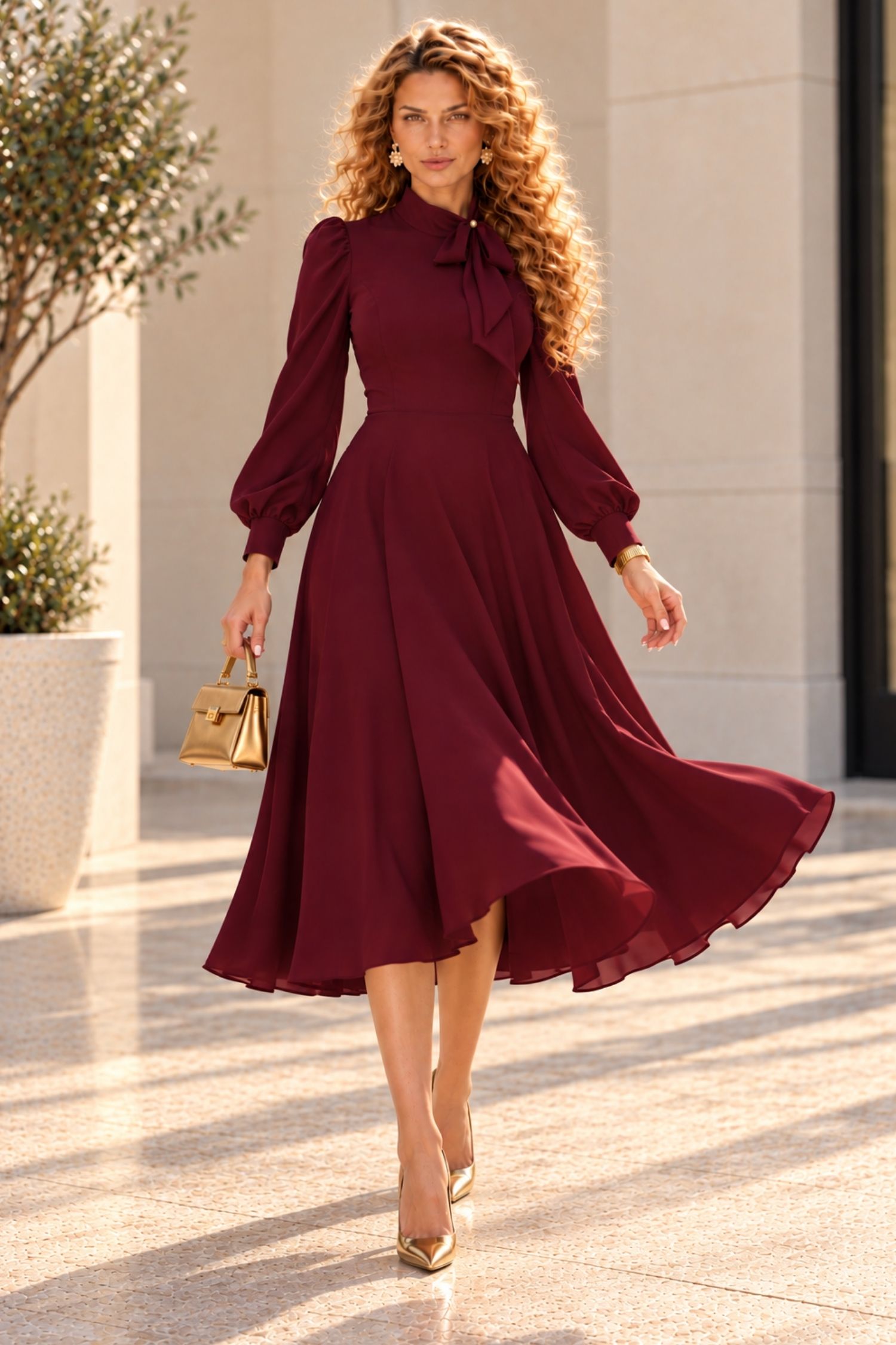 Rochie din material fluid vișinie midi în clos cu guler tip eșarfă - StarShinerS 2 - StarShinerS.ro
