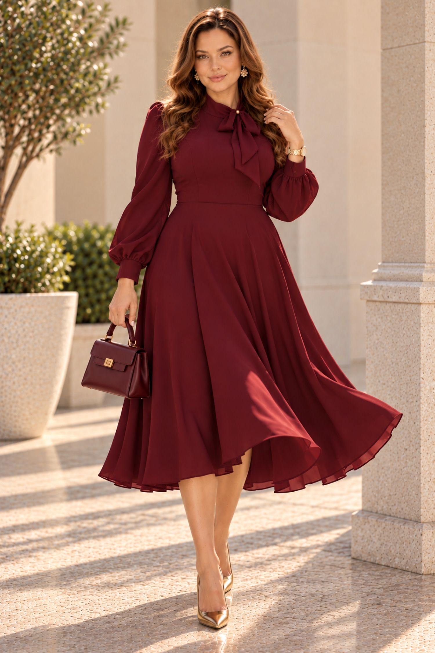 Rochie din material fluid vișinie midi în clos cu guler tip eșarfă - StarShinerS 1 - StarShinerS.ro