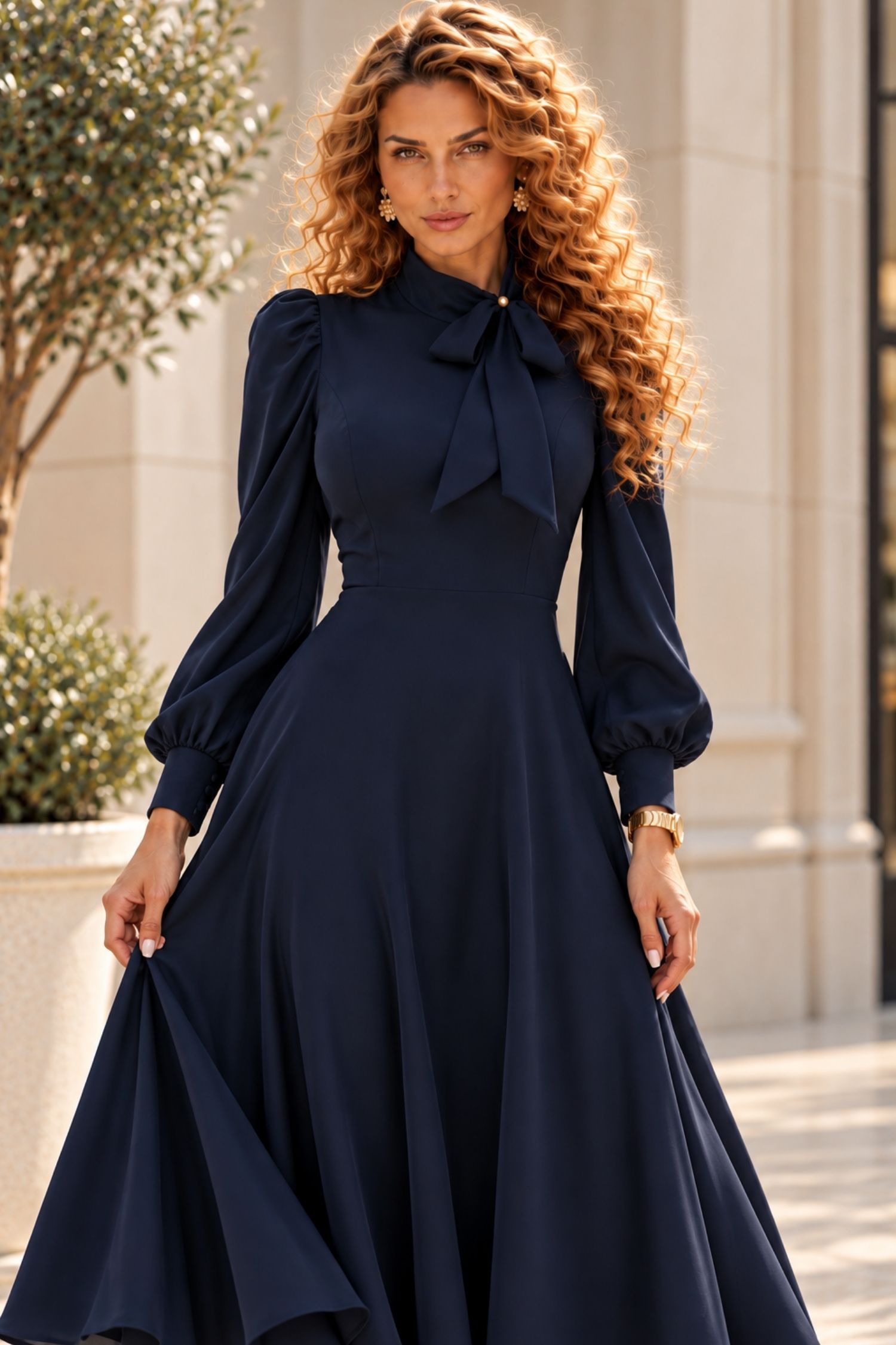 Rochie din material fluid bleumarin midi în clos cu guler tip eșarfă - StarShinerS 2 - StarShinerS.ro