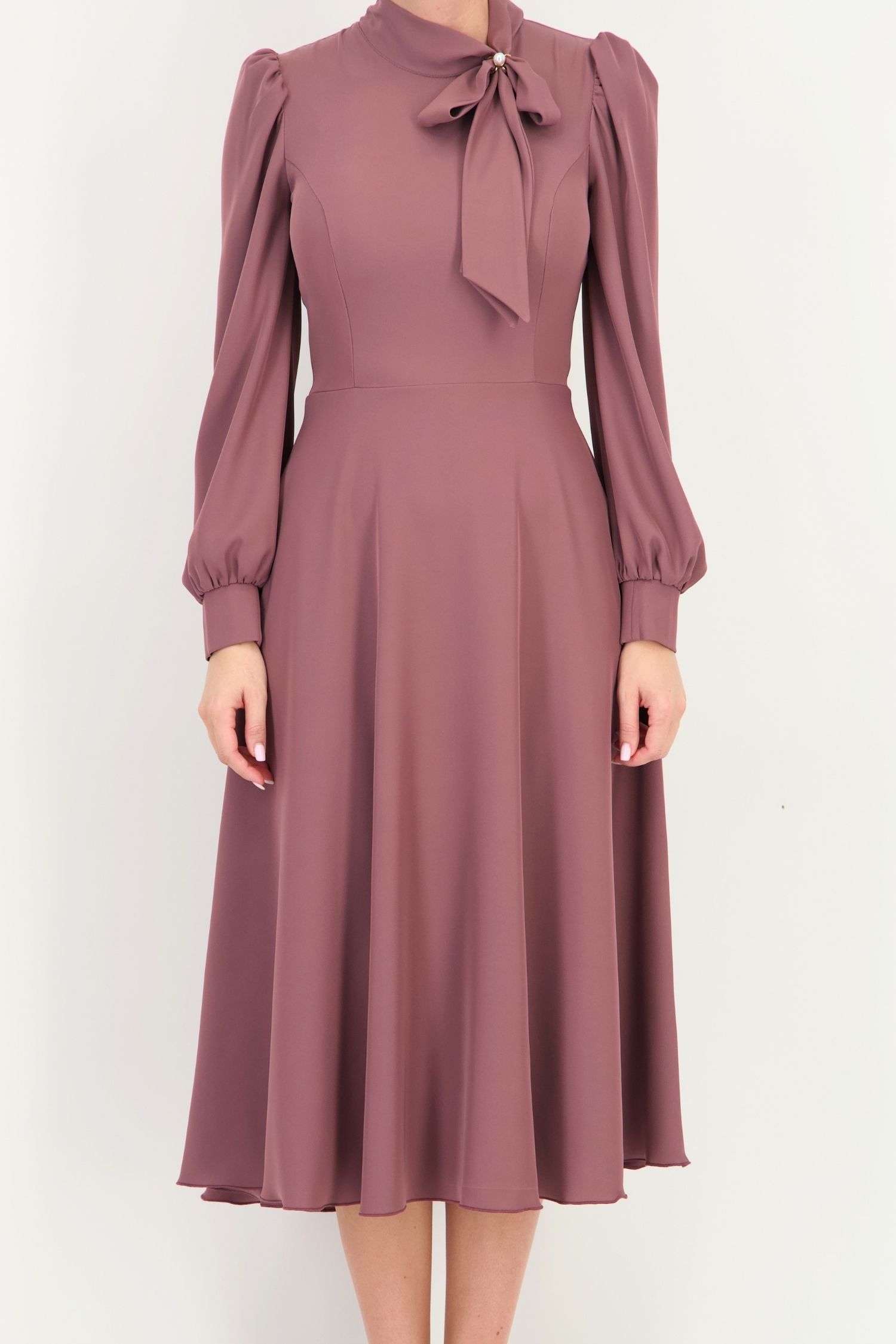Rochie din material fluid plămâniu midi în clos cu guler tip eșarfă - StarShinerS 3 - StarShinerS.ro