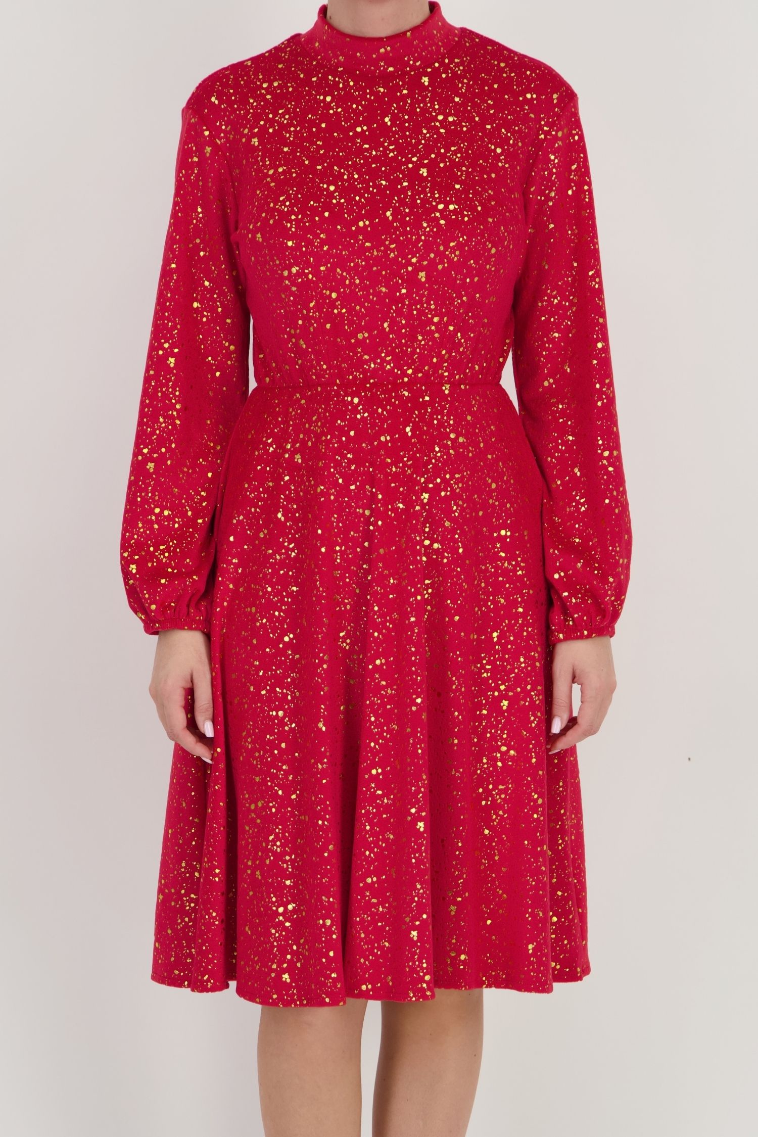 Rochie clos rosie maneca lunga din catifea pana la genunchi 2 - StarShinerS.ro