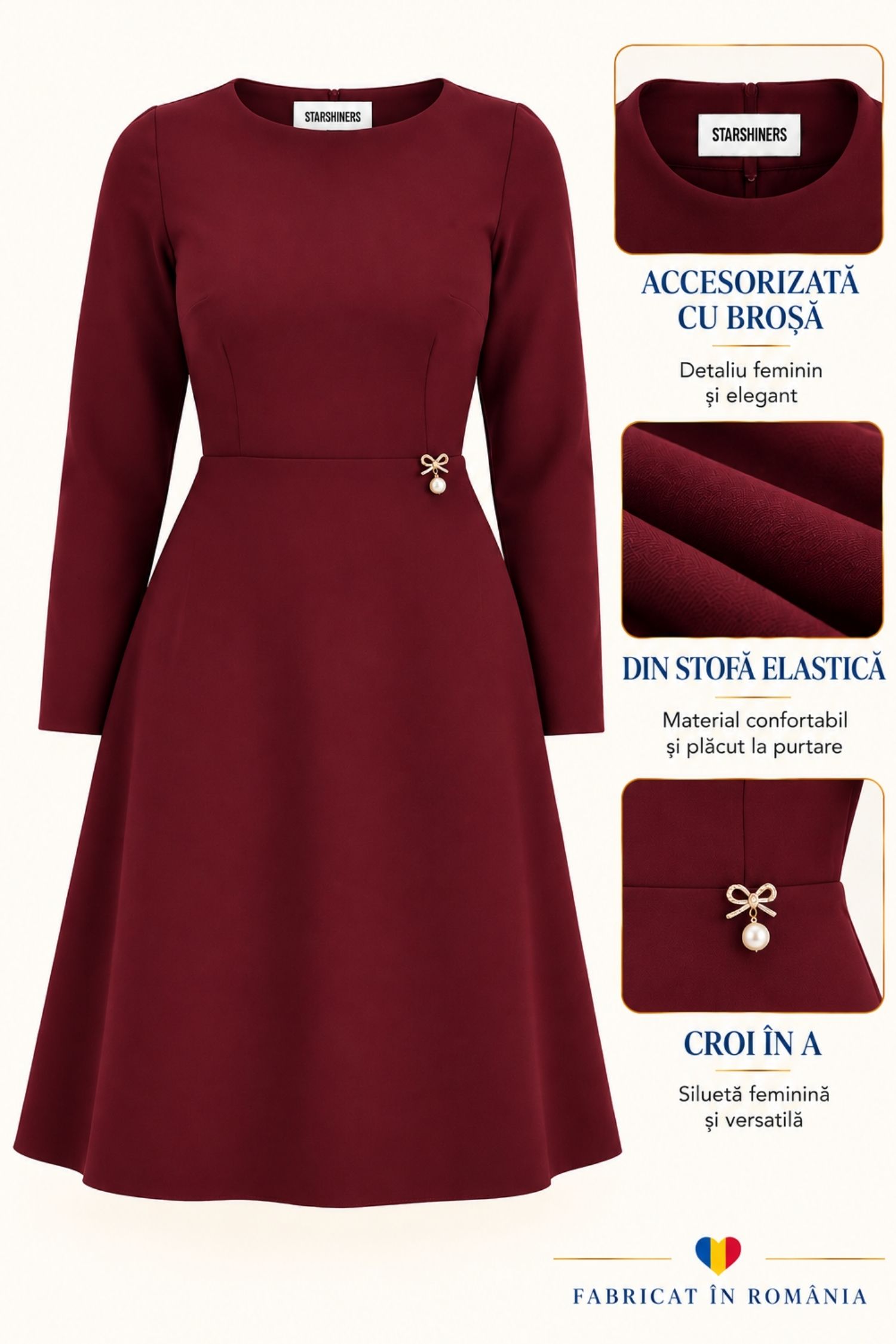 Rochie vișinie, cu croi în A, din stofă elastică 6 - StarShinerS.ro