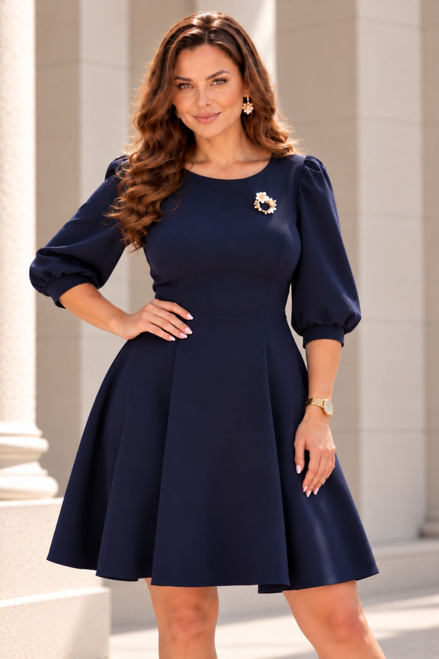 Rochie bleumarin scurtă, cu croi în A, din stofă elastică 1 - StarShinerS.ro