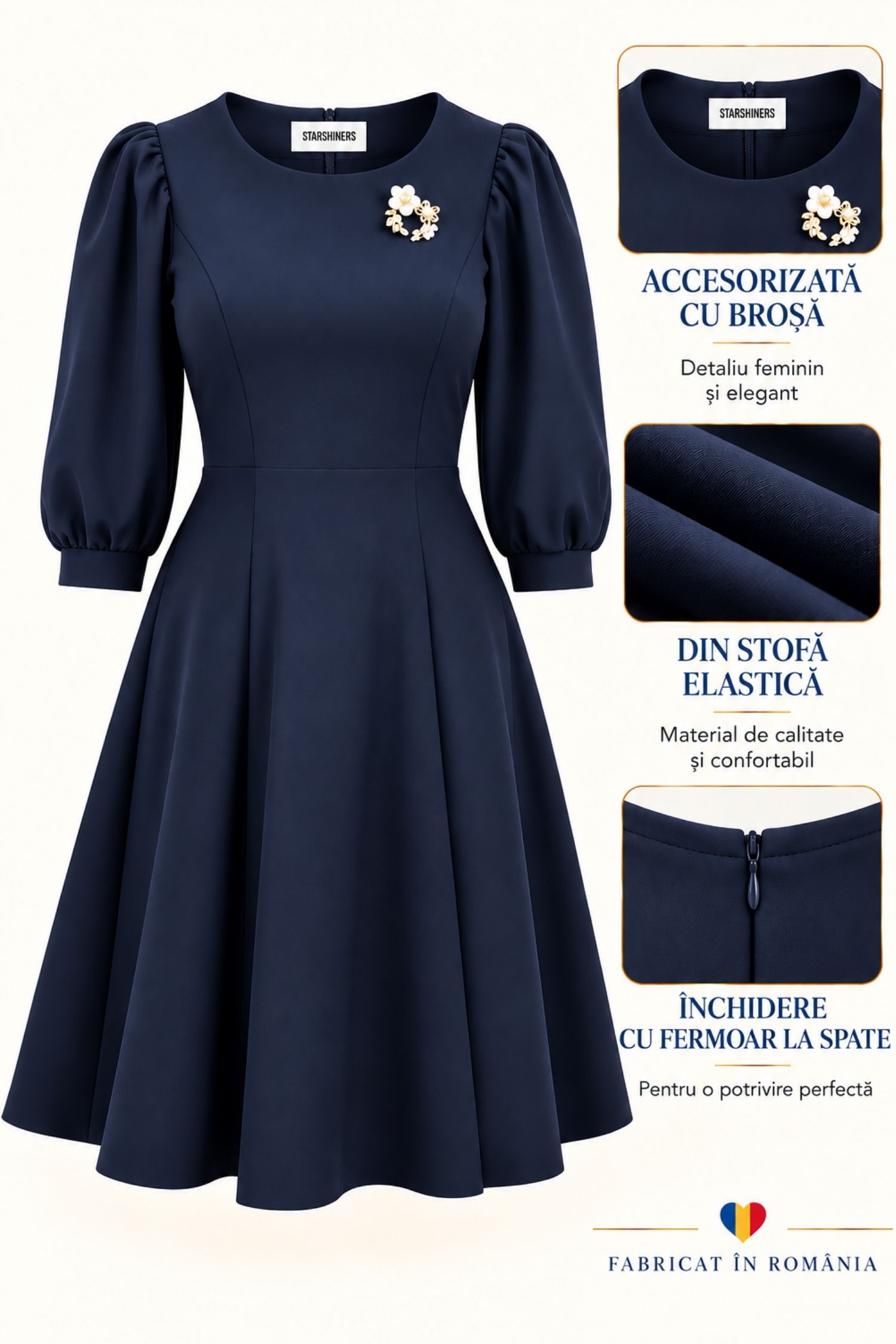 Rochie bleumarin scurtă, cu croi în A, din stofă elastică 6 - StarShinerS.ro