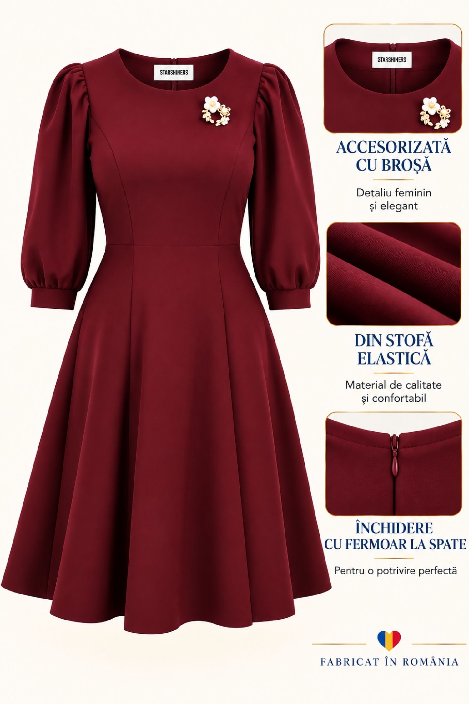 Rochie vișinie scurtă, cu croi în A, din stofă elastică 6 - StarShinerS.ro
