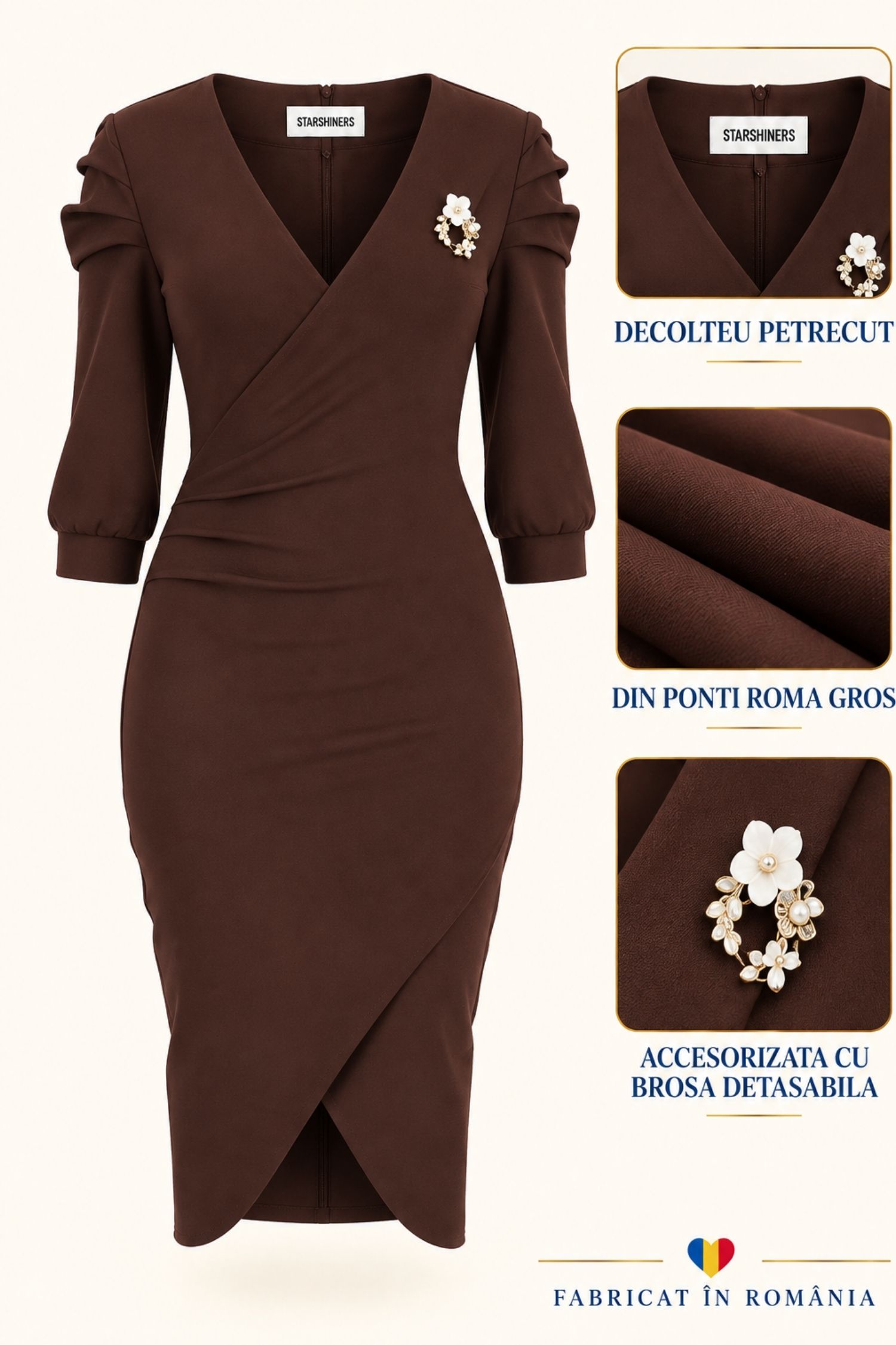 Rochie maro midi tip creion din punto cu viscoză, cu broșă 6 - StarShinerS.ro
