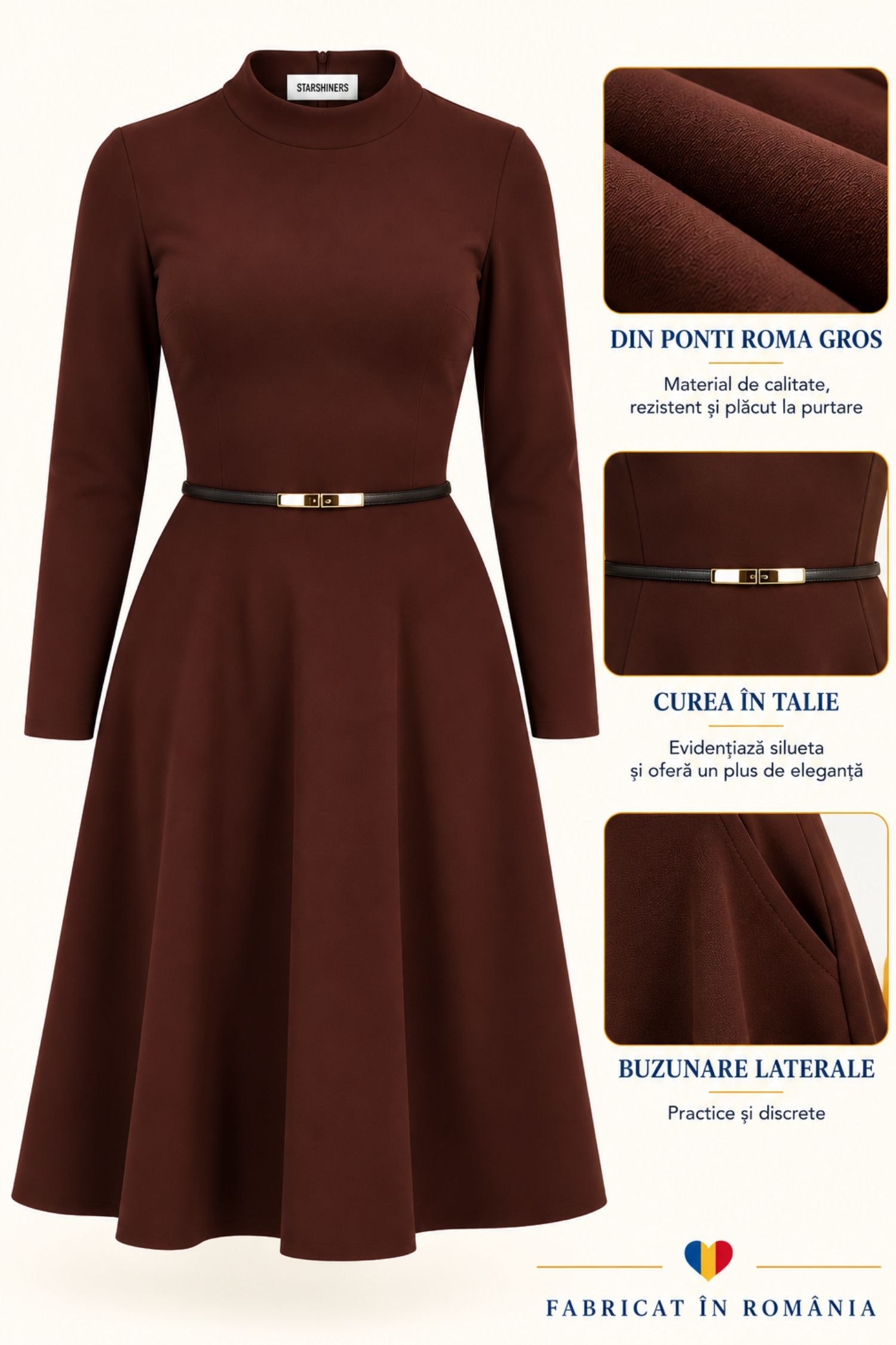 Rochie maro midi, în clos, din punto cu viscoză, cu curea 6 - StarShinerS.ro